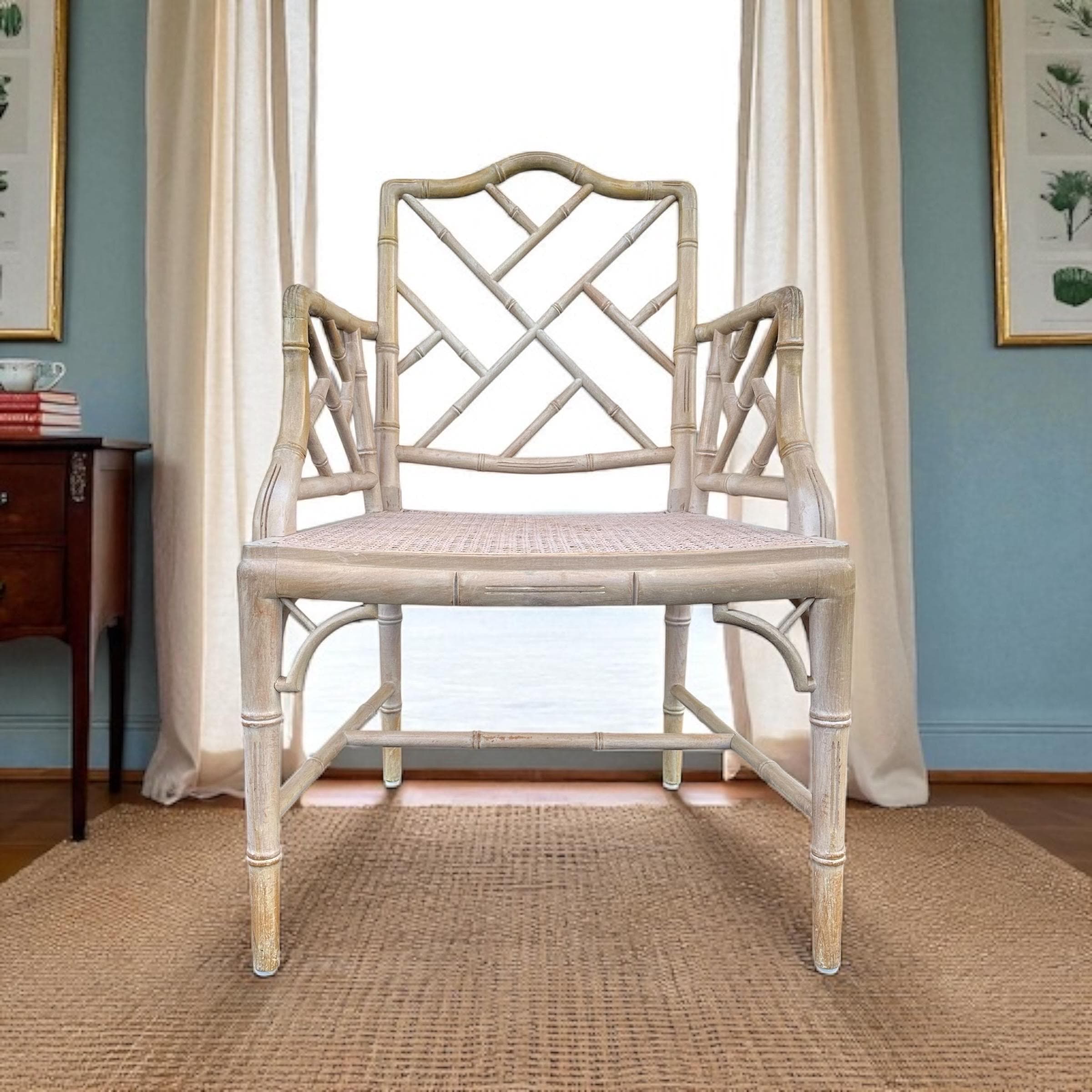 Vintage Chinese Chippendale Arm Chair - Faux Bamboo, Rattan Cane Seat, Whitewashed Wood, Chinoiserie Fretwork, Cushions, Hollywood Regency - Thumbnail 10