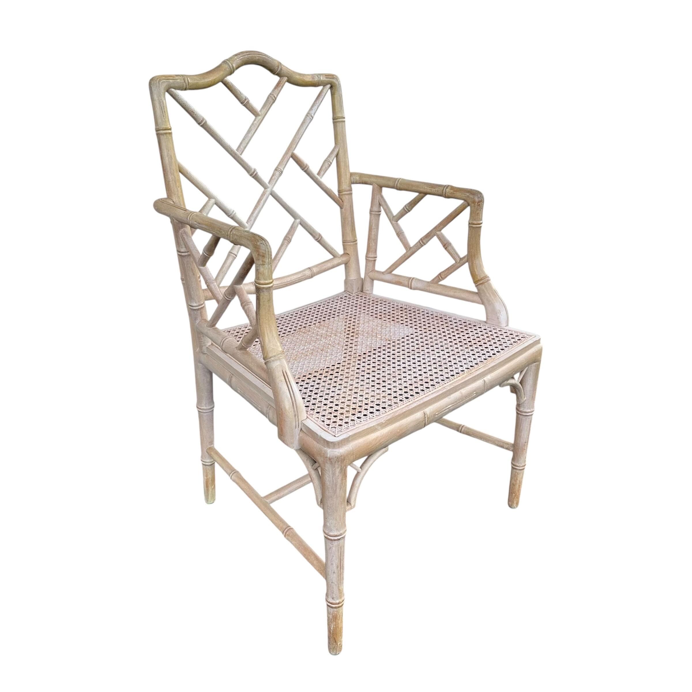 Vintage Chinese Chippendale Arm Chair - Faux Bamboo, Rattan Cane Seat, Whitewashed Wood, Chinoiserie Fretwork, Cushions, Hollywood Regency - Thumbnail 4