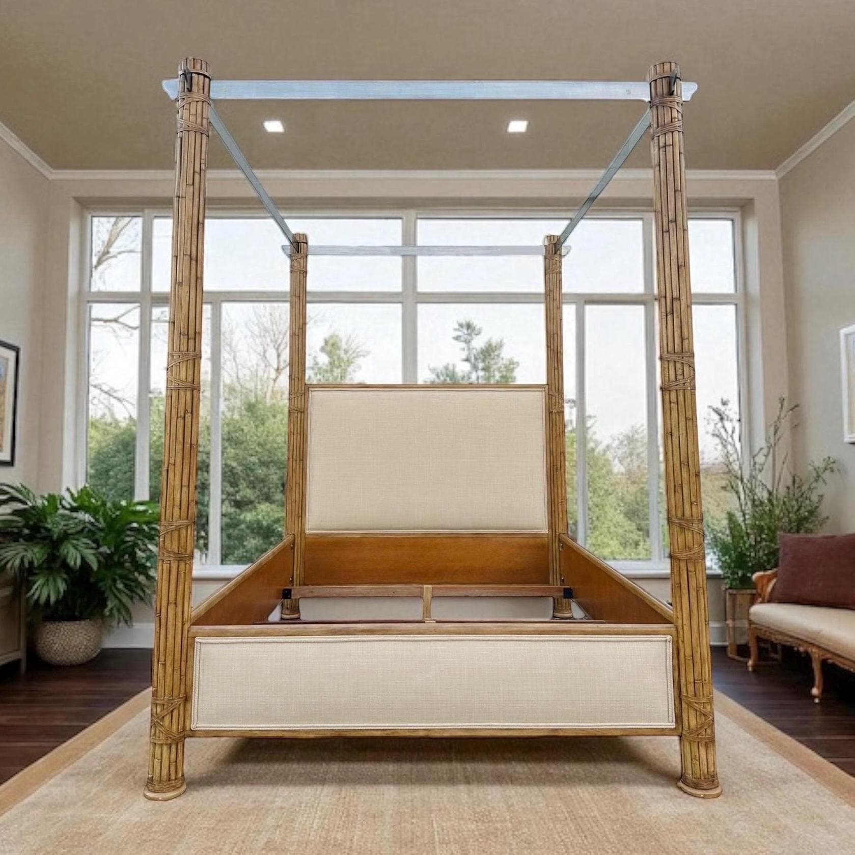 Bamboo Queen Poster Bed with Steel Canopy and Cream Linen Fabric - Vintage Hollywood Regency Coastal Tropical Rattan Upholstered Furniture