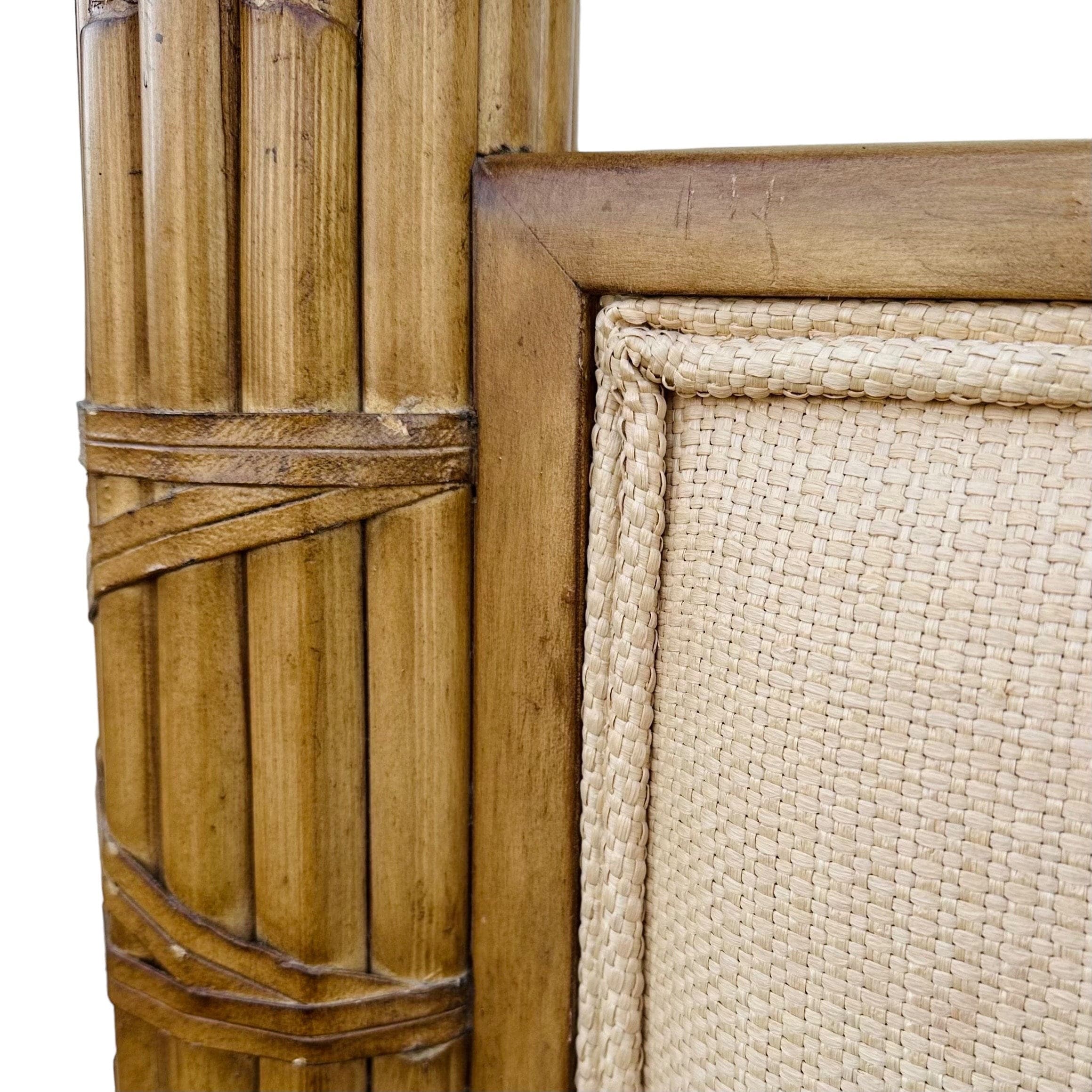 Bamboo Queen Poster Bed with Steel Canopy and Cream Linen Fabric - Vintage Hollywood Regency Coastal Tropical Rattan Upholstered Furniture - Thumbnail 4