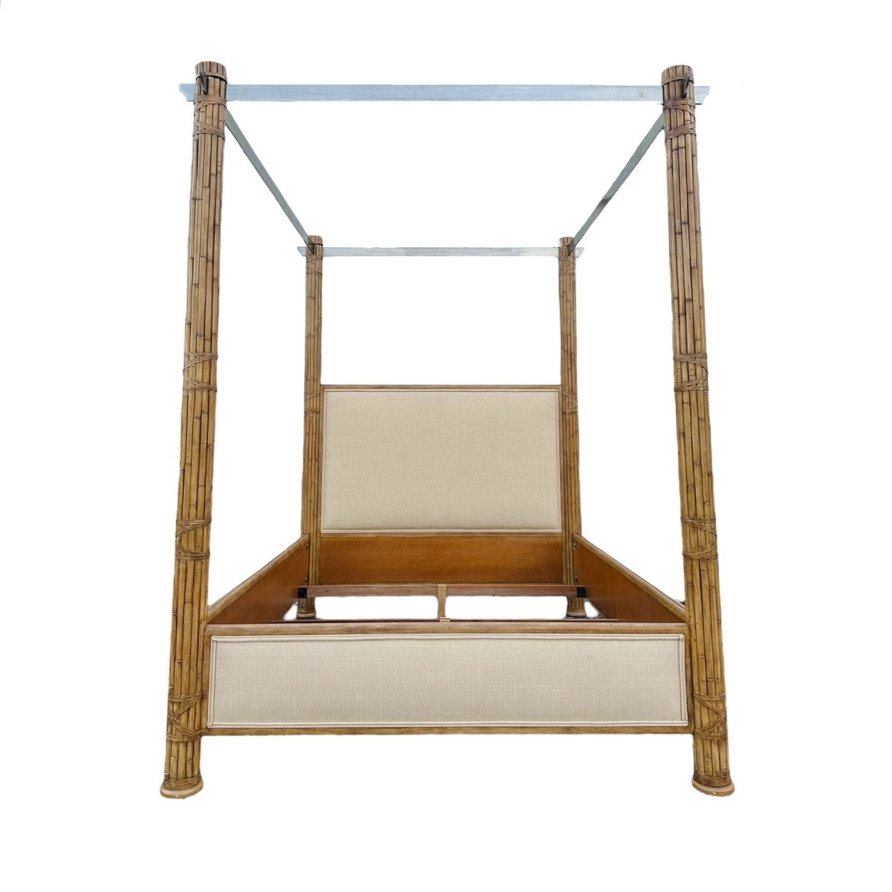 Bamboo Queen Poster Bed with Steel Canopy and Cream Linen Fabric - Vintage Hollywood Regency Coastal Tropical Rattan Upholstered Furniture - Thumbnail 10