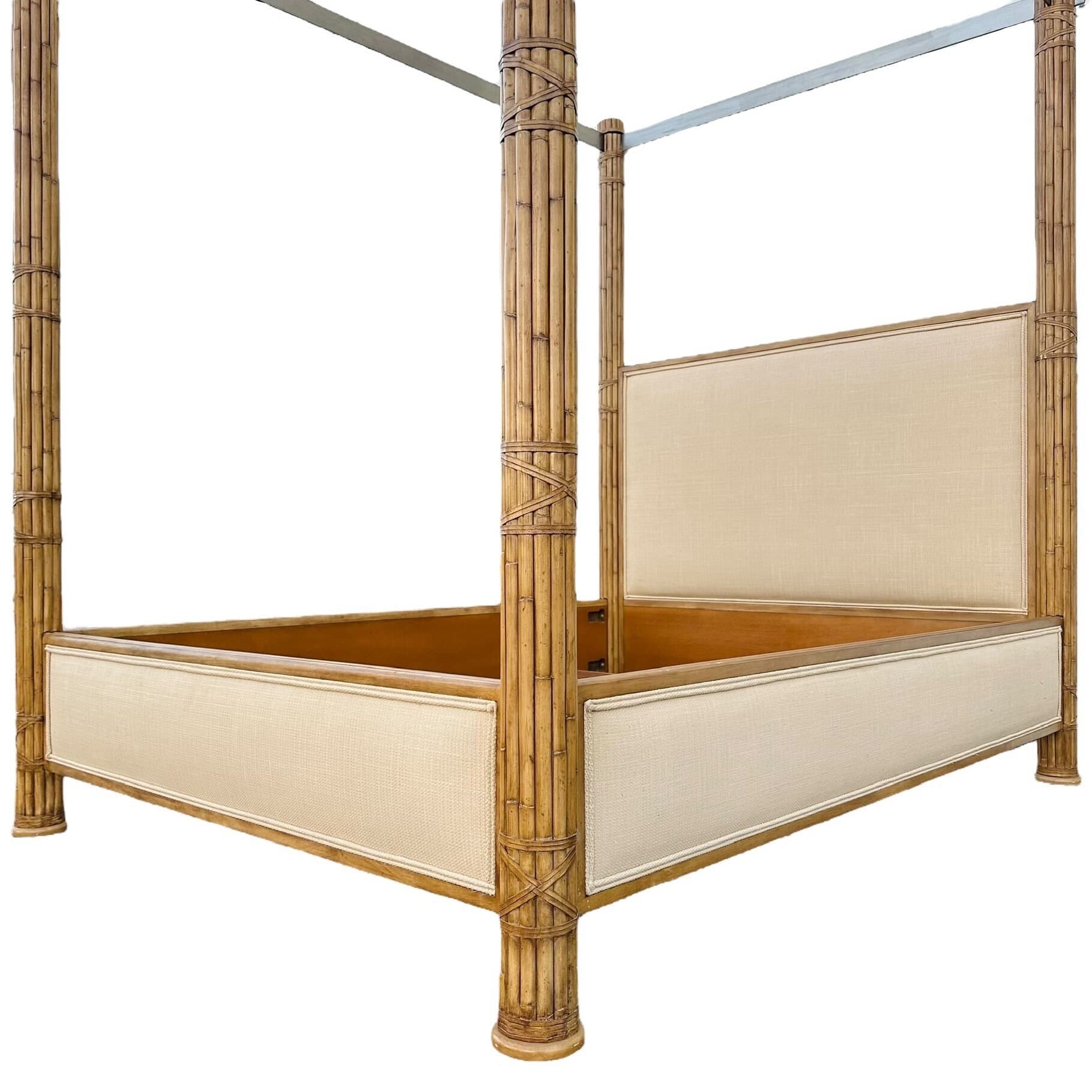 Bamboo Queen Poster Bed with Steel Canopy and Cream Linen Fabric - Vintage Hollywood Regency Coastal Tropical Rattan Upholstered Furniture - Thumbnail 2