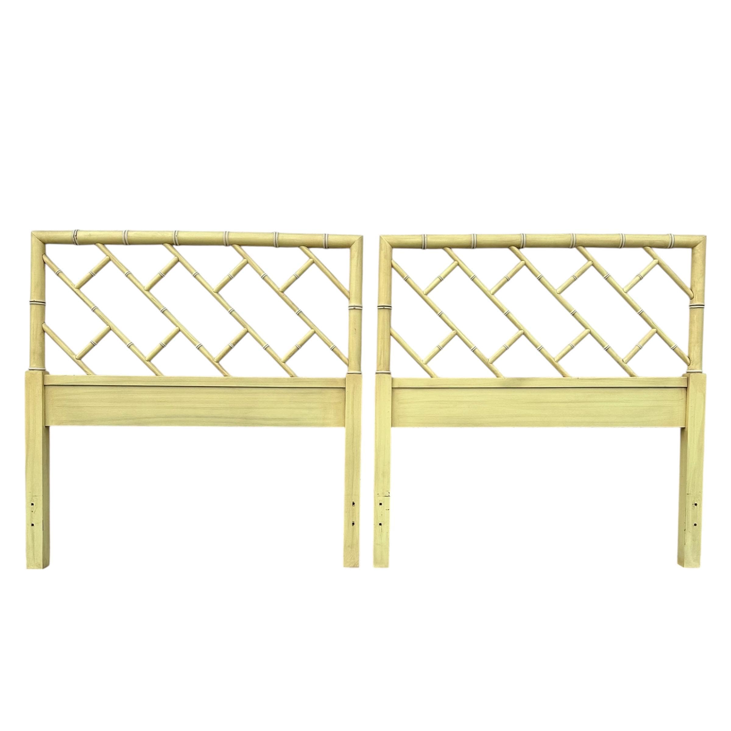 Vintage Chinese Chippendale Twin Headboards - Yellow Henry Link Bali Hai Faux Bamboo Pair - Image 1