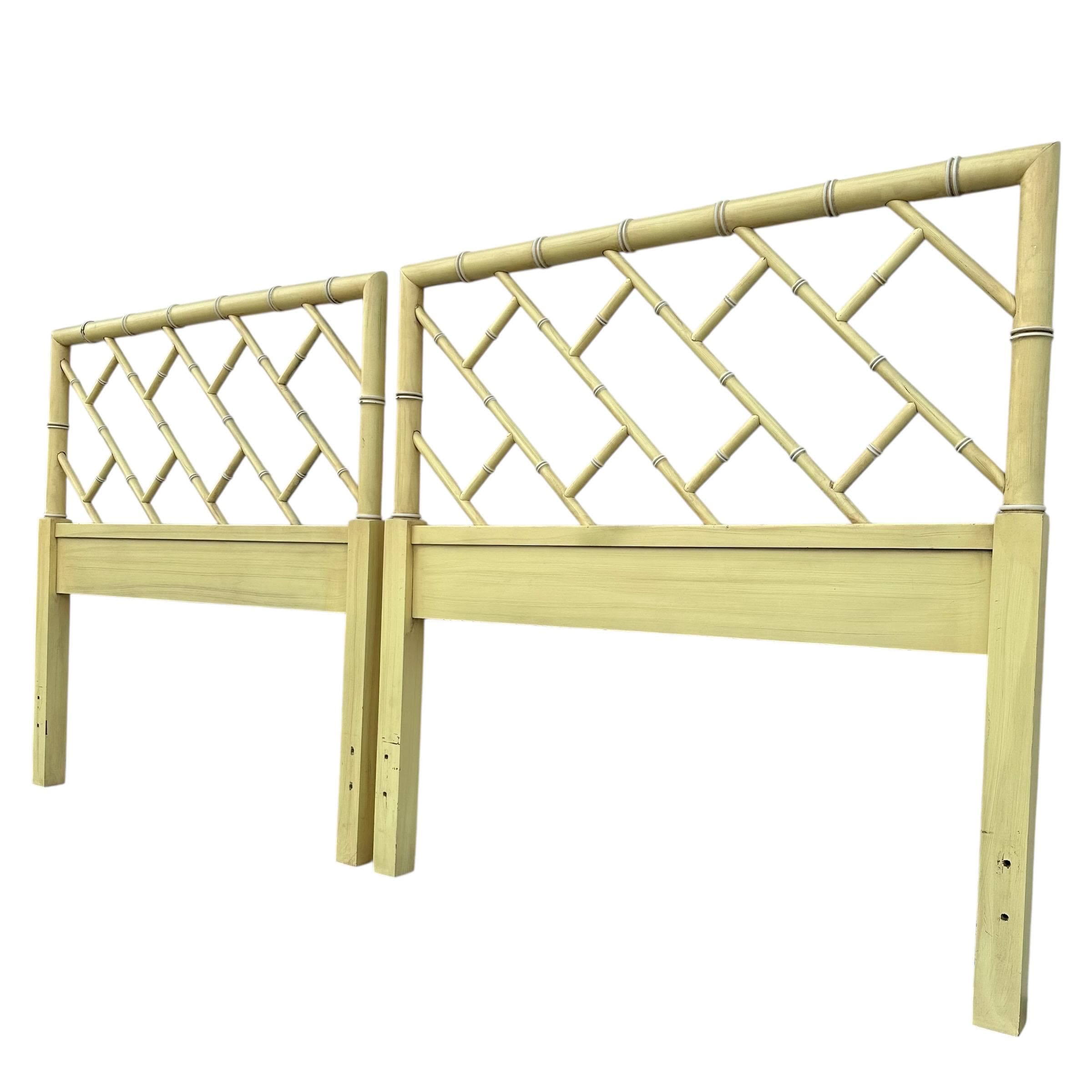 Vintage Chinese Chippendale Twin Headboards - Yellow Henry Link Bali Hai Faux Bamboo Pair - Thumbnail 7
