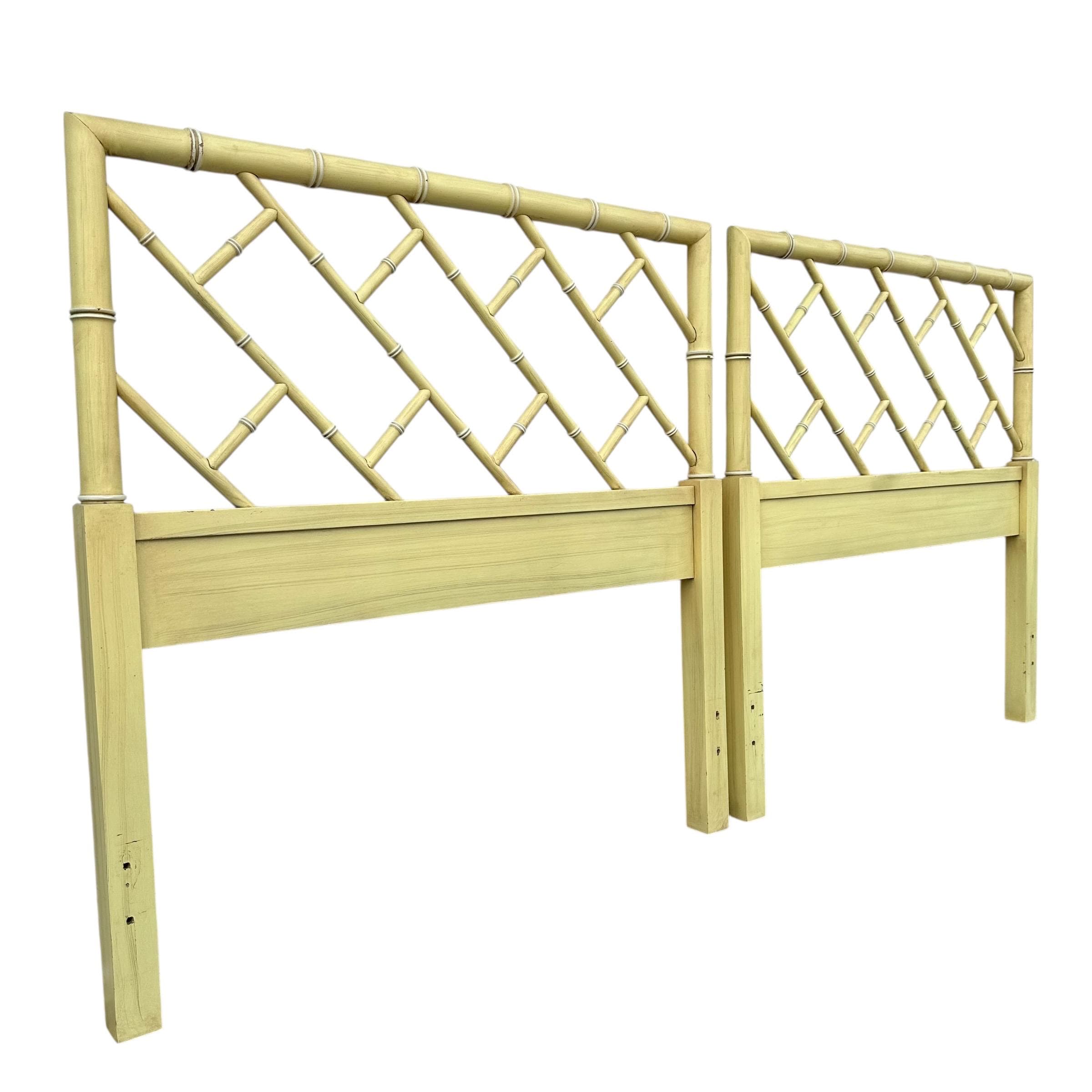 Vintage Chinese Chippendale Twin Headboards - Yellow Henry Link Bali Hai Faux Bamboo Pair - Thumbnail 2