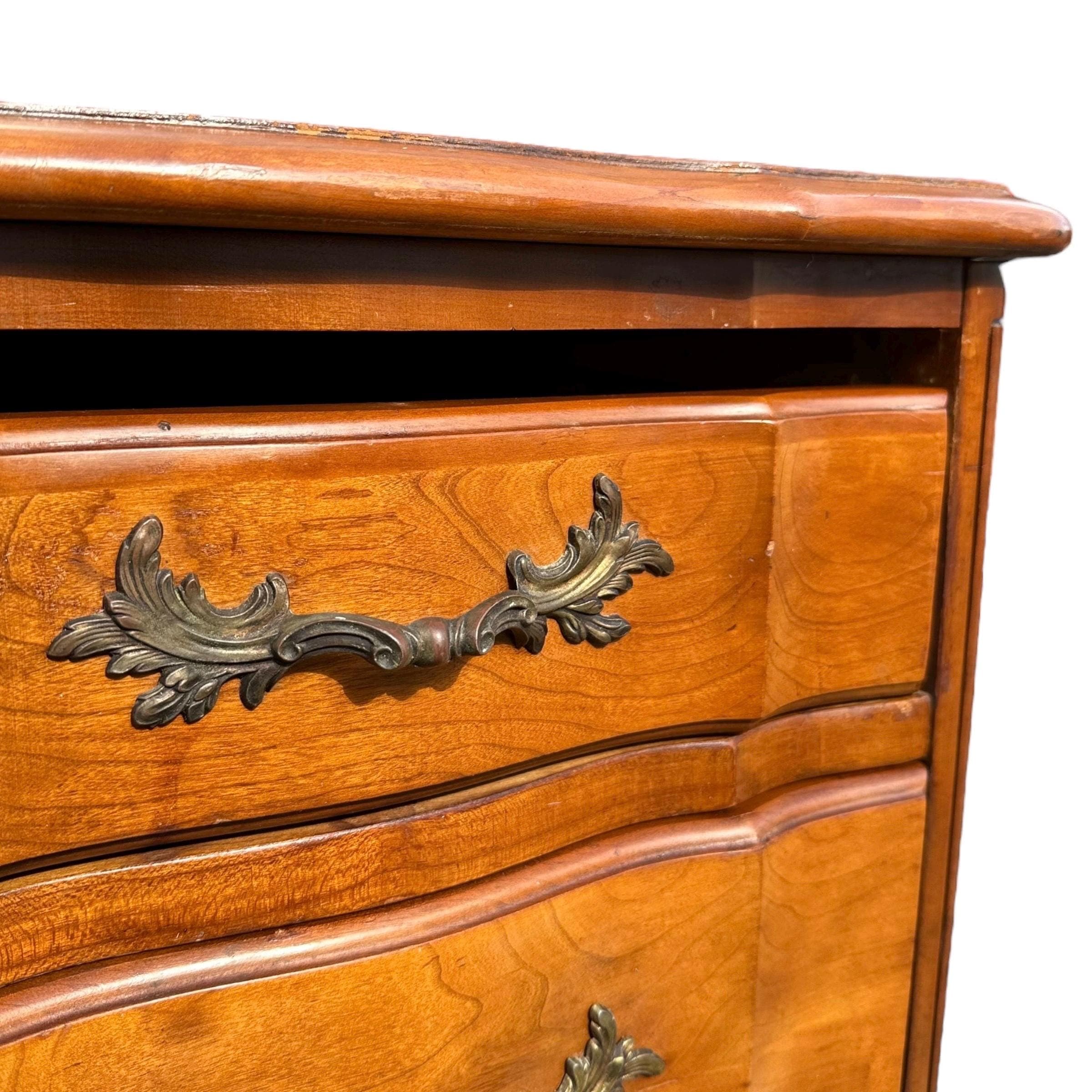 French Provincial Bachelor’s Chest by Permacraft 34W 31H - Vintage Cherry Wood Louis XV Serpentine 4 Drawer Large Nightstand Dresser Table - Thumbnail 2