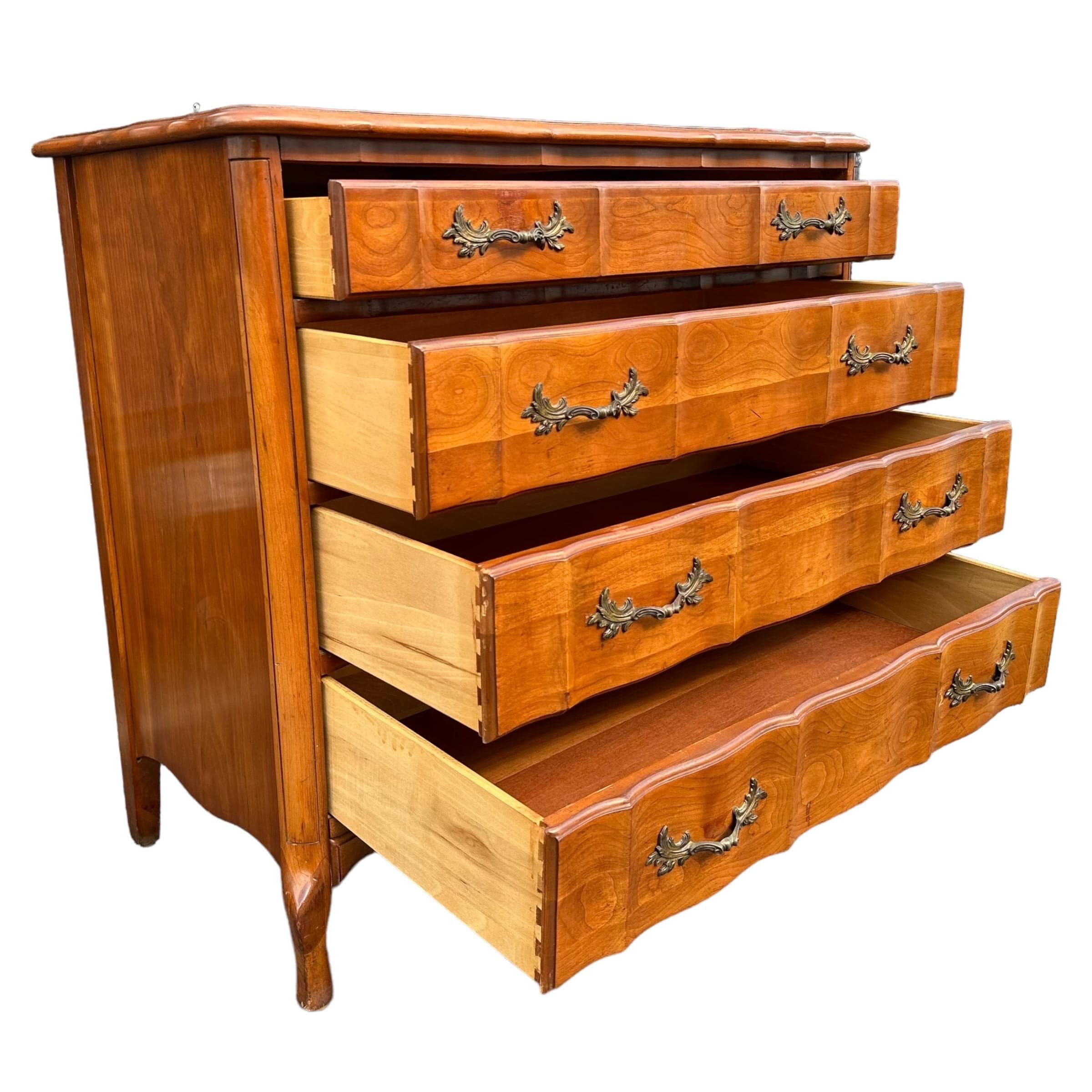 French Provincial Bachelor’s Chest by Permacraft 34W 31H - Vintage Cherry Wood Louis XV Serpentine 4 Drawer Large Nightstand Dresser Table - Thumbnail 3