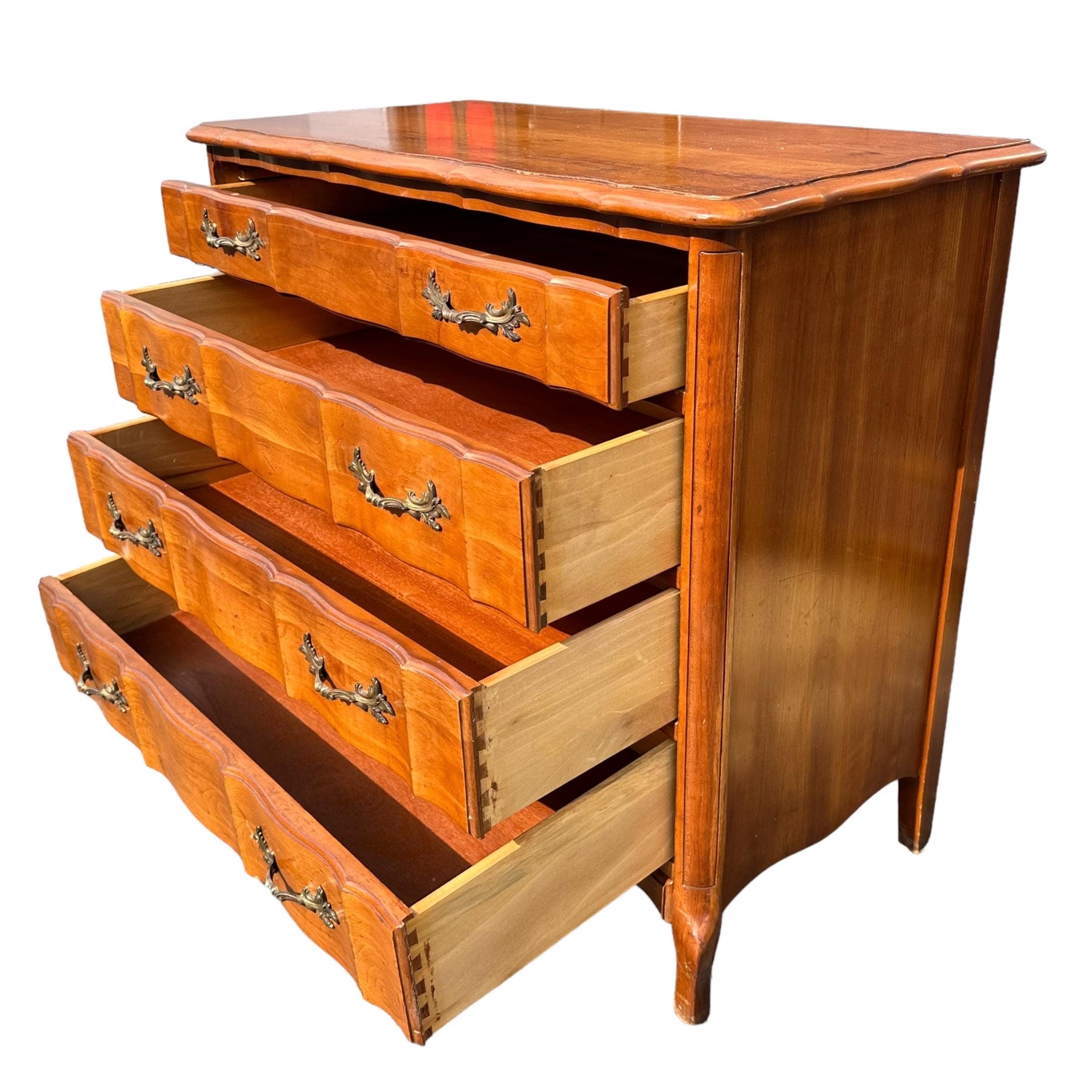 French Provincial Bachelor’s Chest by Permacraft 34W 31H - Vintage Cherry Wood Louis XV Serpentine 4 Drawer Large Nightstand Dresser Table - Thumbnail 6