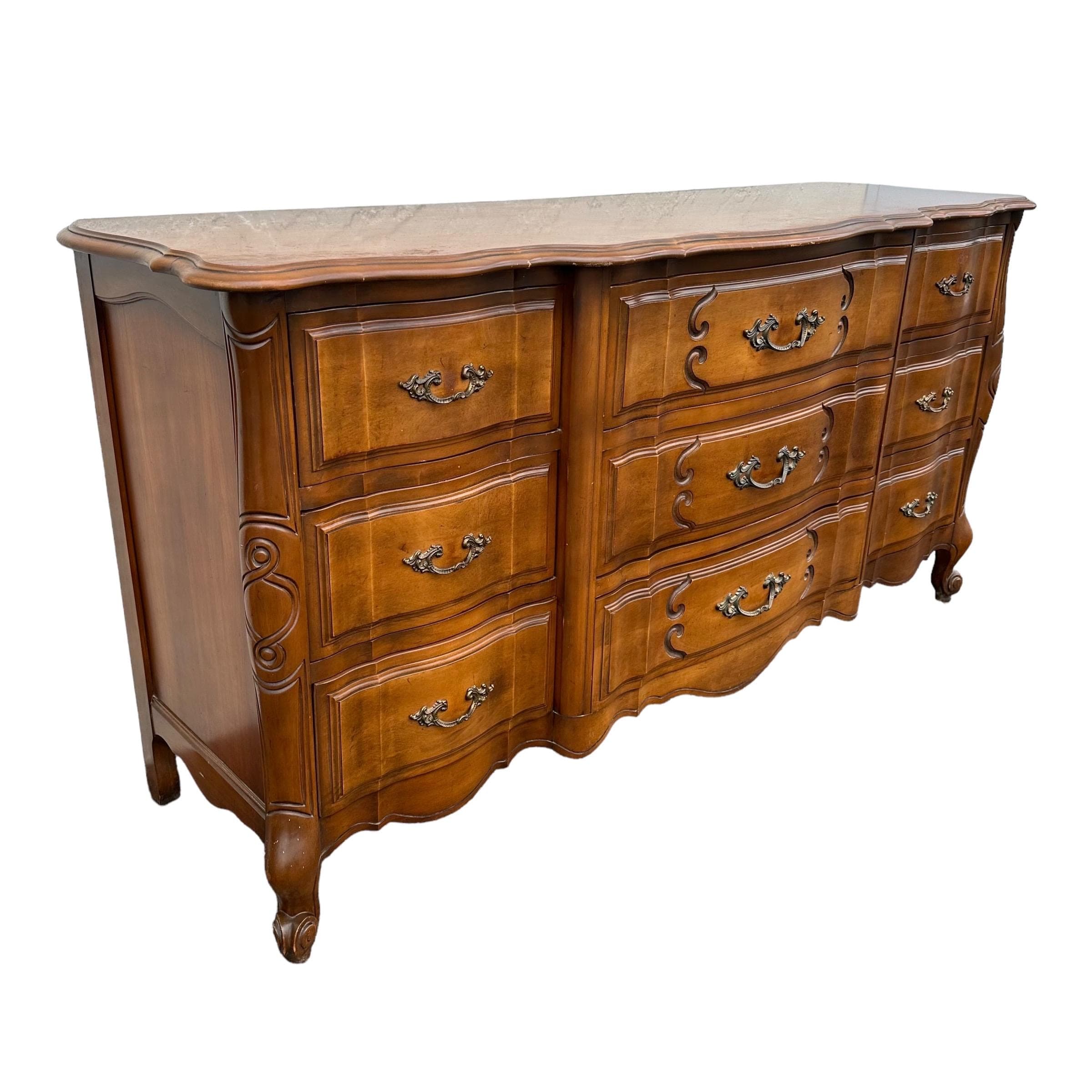 SOLD French Provincial Dresser with 9 Drawers by Sherrill Furniture 64" Long - Vintage Carved Cherry Wood Louis XV Country Shabby Chic - Thumbnail 2