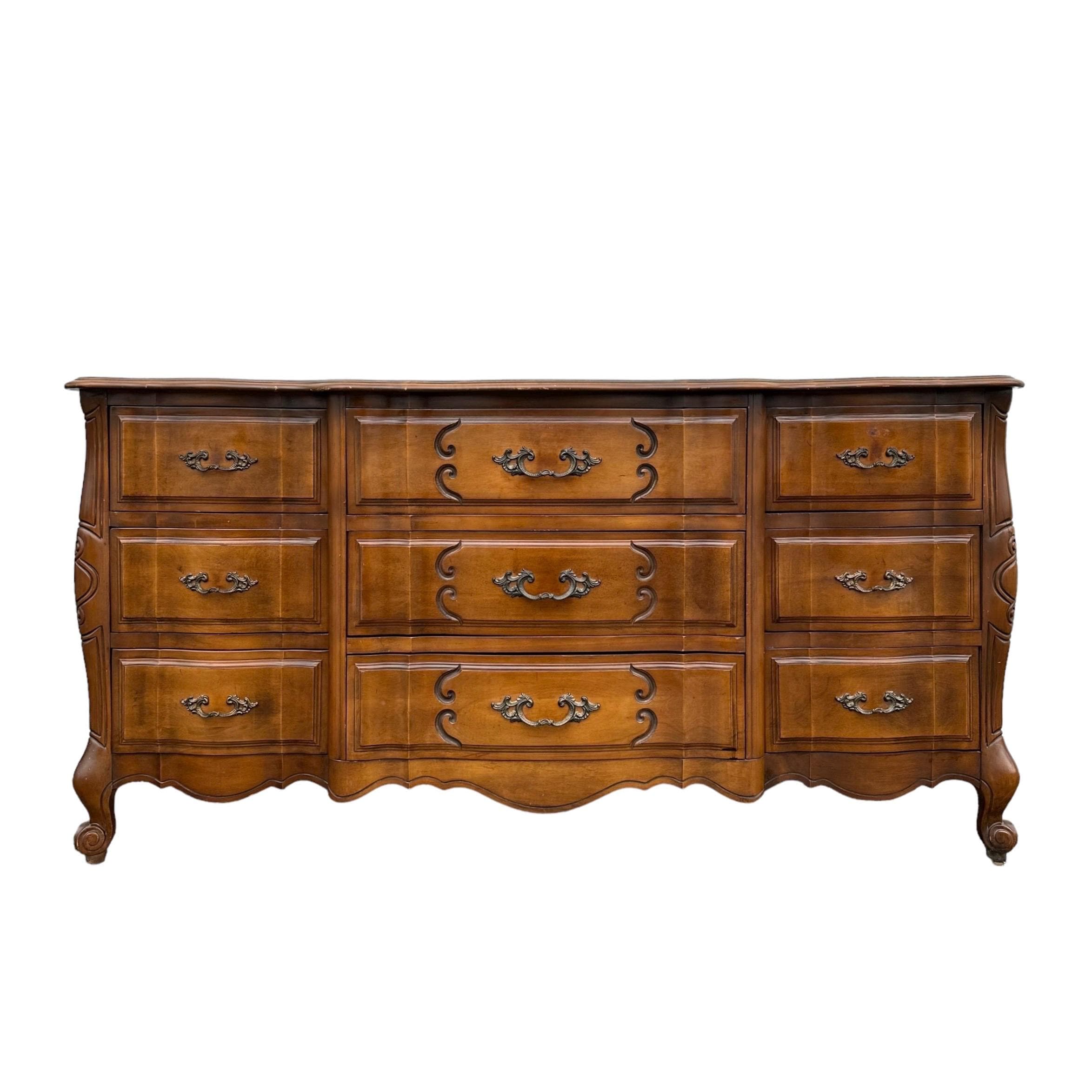 SOLD French Provincial Dresser with 9 Drawers by Sherrill Furniture 64" Long - Vintage Carved Cherry Wood Louis XV Country Shabby Chic - Image 1
