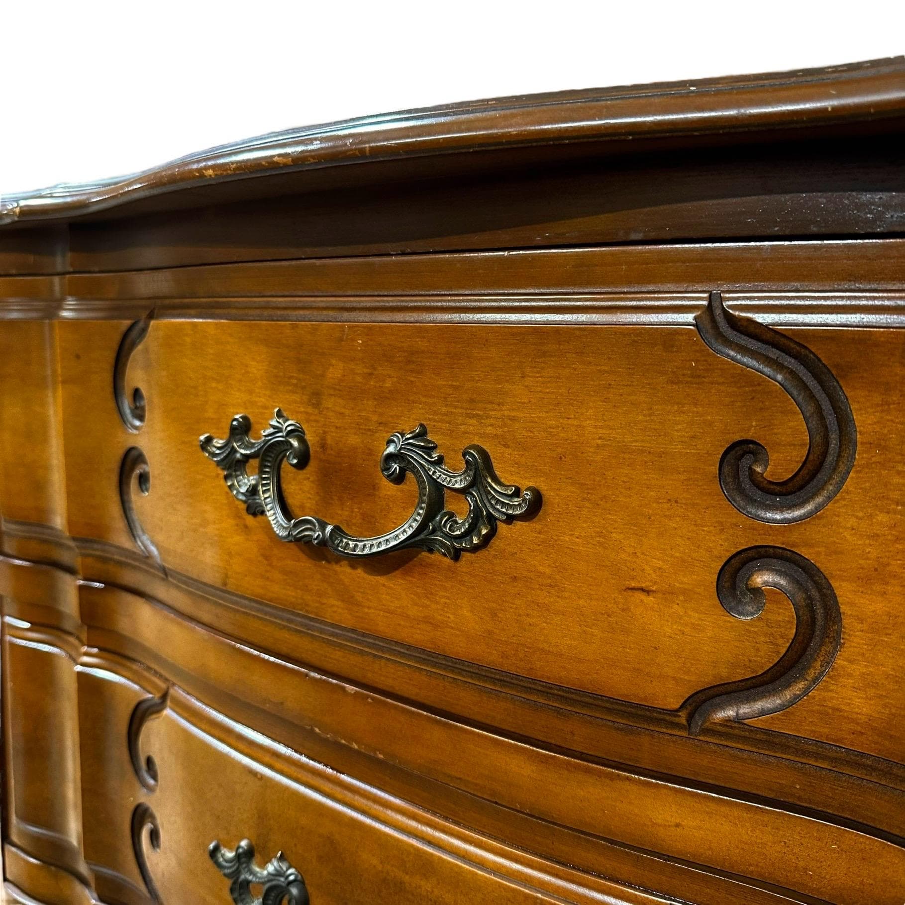 SOLD French Provincial Dresser with 9 Drawers by Sherrill Furniture 64" Long - Vintage Carved Cherry Wood Louis XV Country Shabby Chic - Thumbnail 3