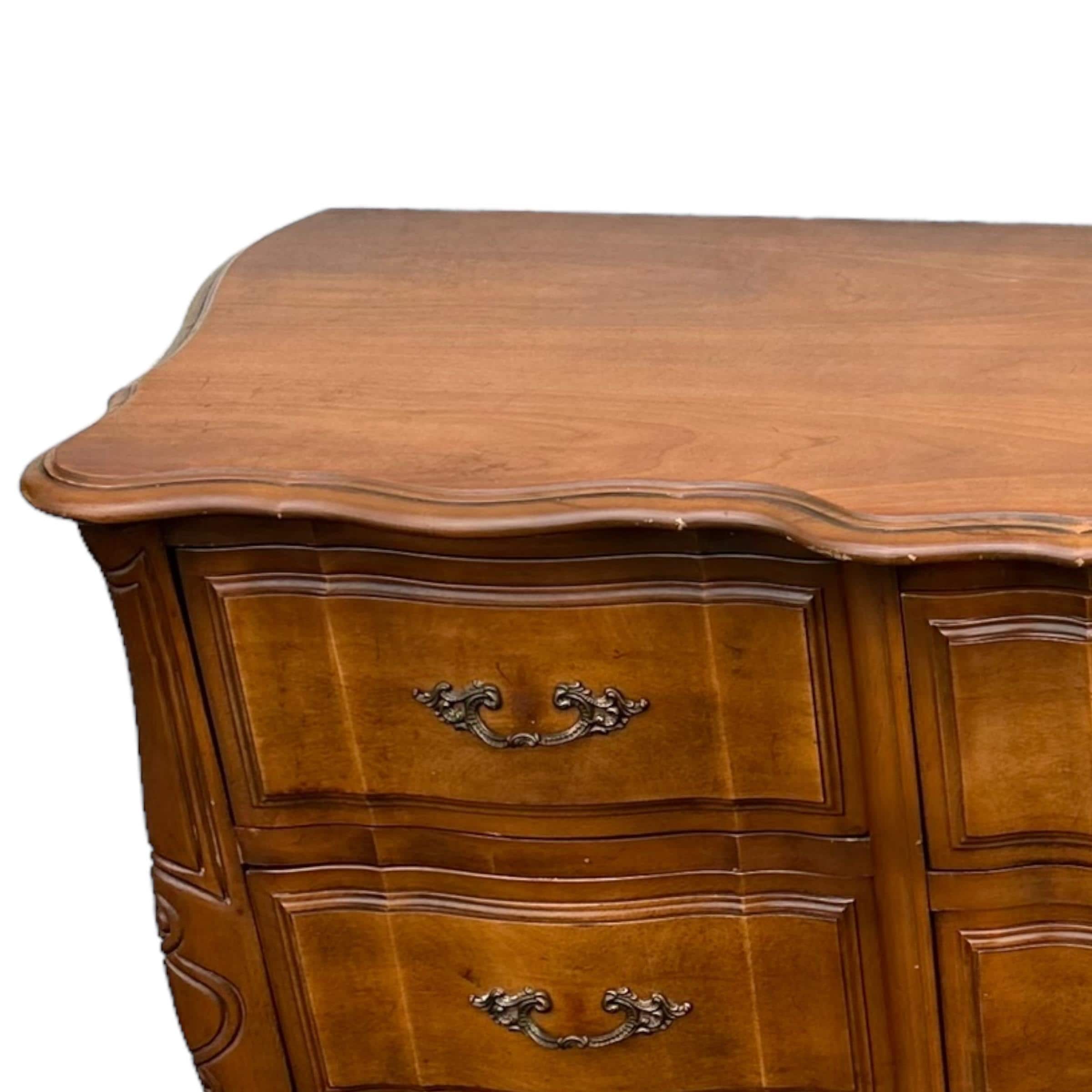 SOLD French Provincial Dresser with 9 Drawers by Sherrill Furniture 64" Long - Vintage Carved Cherry Wood Louis XV Country Shabby Chic - Thumbnail 4