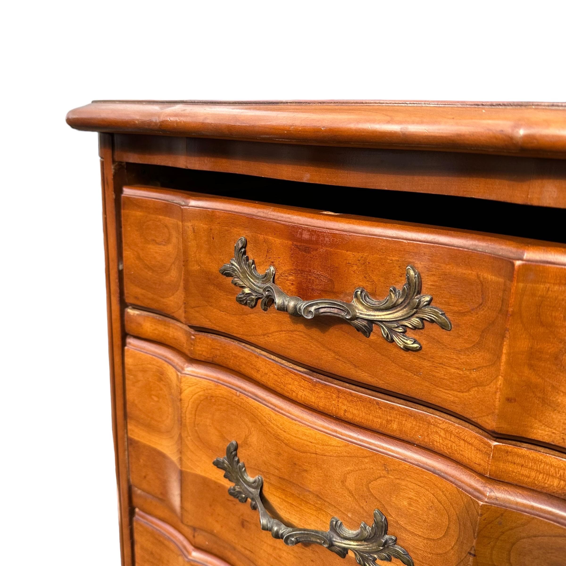 French Provincial Bachelor’s Chest by Permacraft 34W 31H - Vintage Cherry Wood Louis XV Serpentine 4 Drawer Large Nightstand Dresser Table - Thumbnail 4