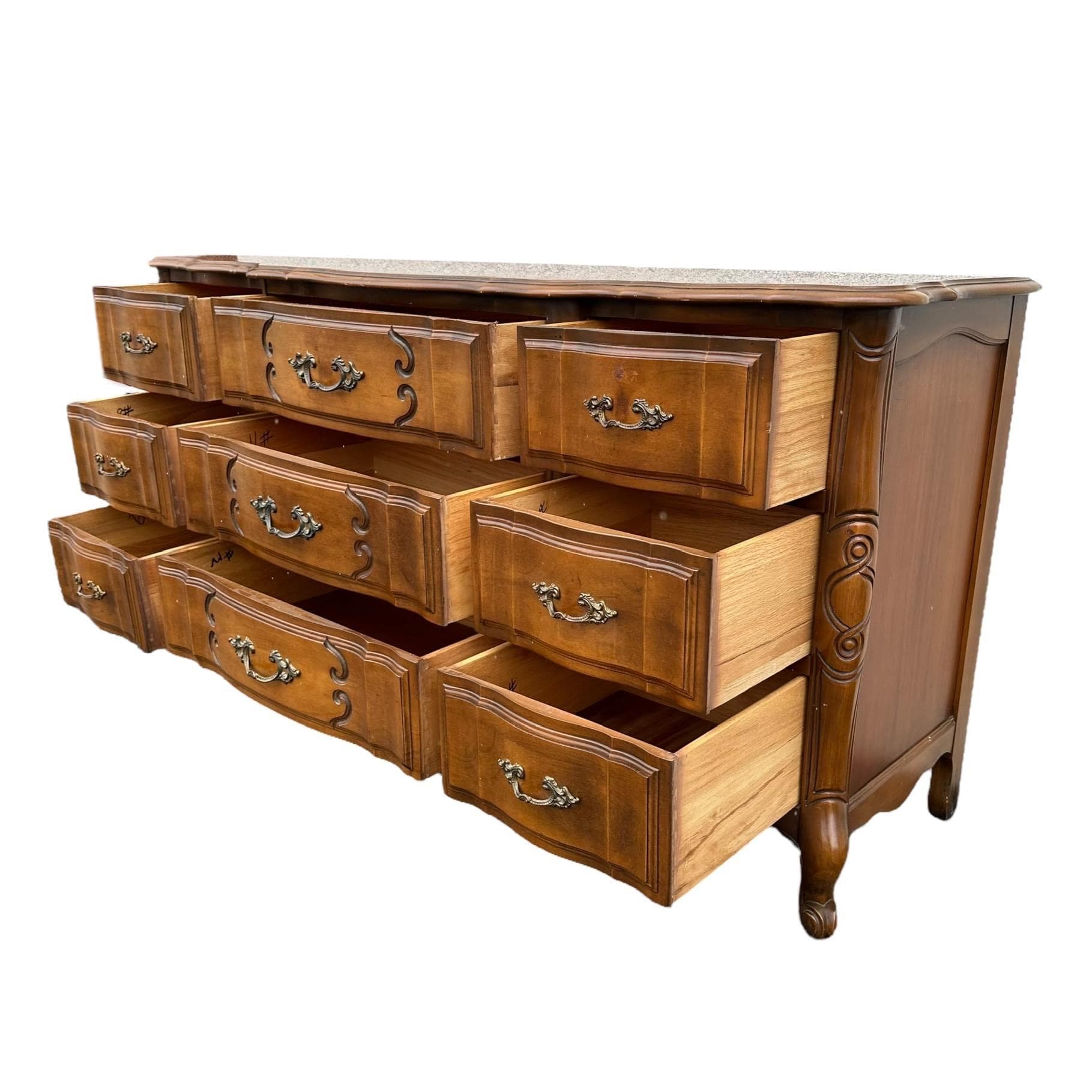 SOLD French Provincial Dresser with 9 Drawers by Sherrill Furniture 64" Long - Vintage Carved Cherry Wood Louis XV Country Shabby Chic - Thumbnail 7