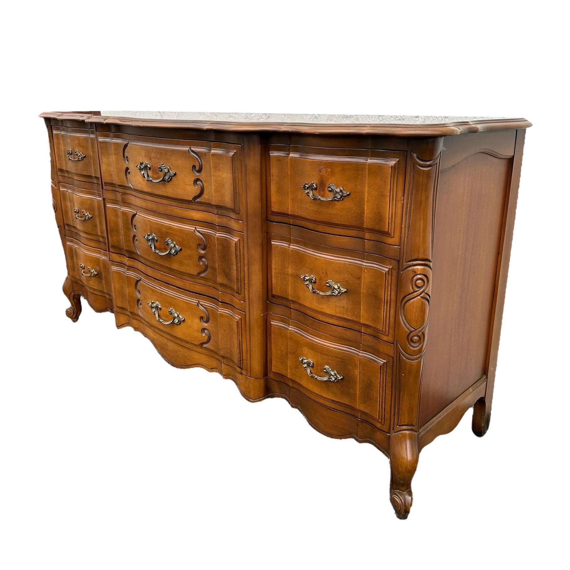 SOLD French Provincial Dresser with 9 Drawers by Sherrill Furniture 64" Long - Vintage Carved Cherry Wood Louis XV Country Shabby Chic - Thumbnail 8