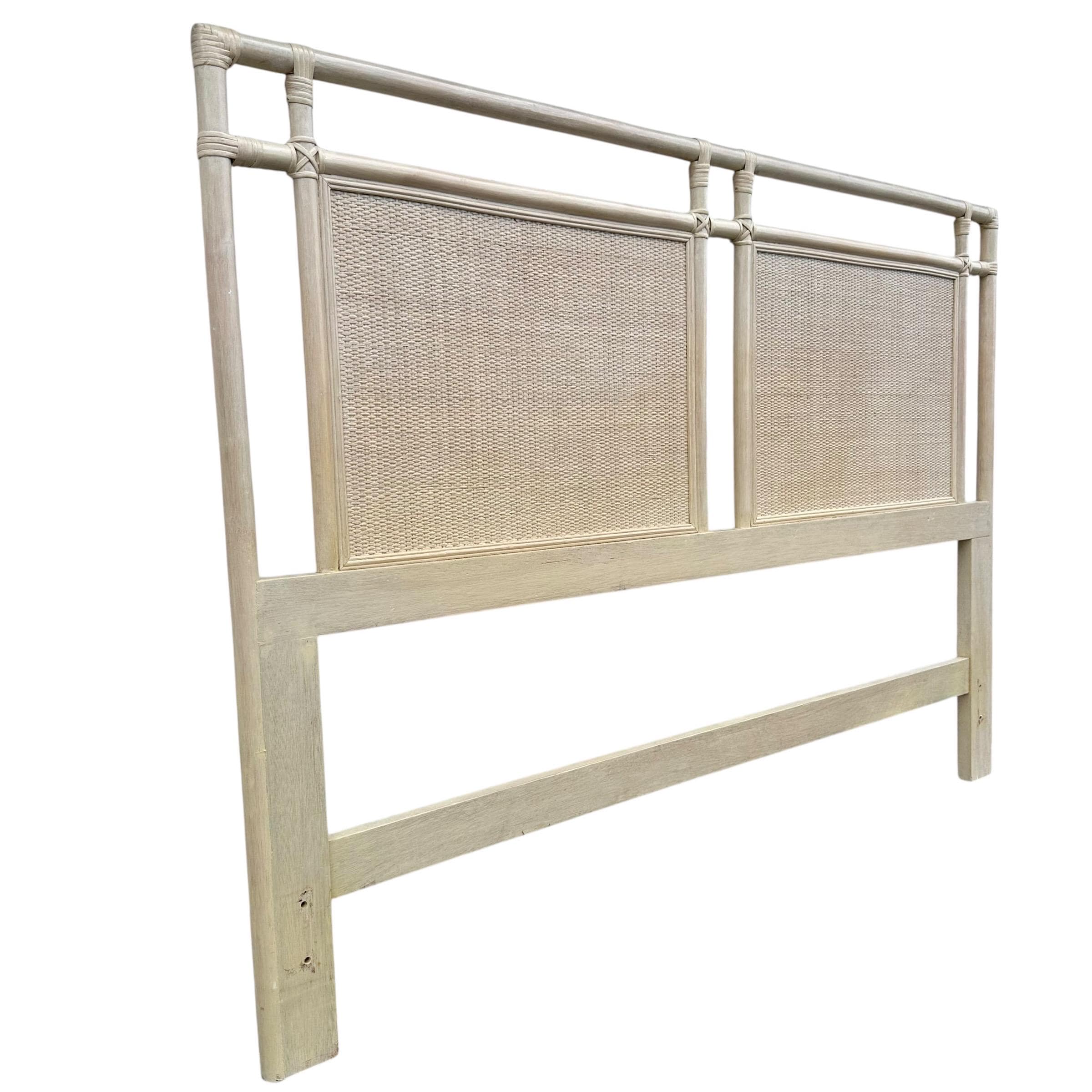 Queen Rattan Wicker Bamboo Headboard by Ficks Reed – Vintage Whitewashed Coastal Boho Chic Bedroom Furniture - Thumbnail 3