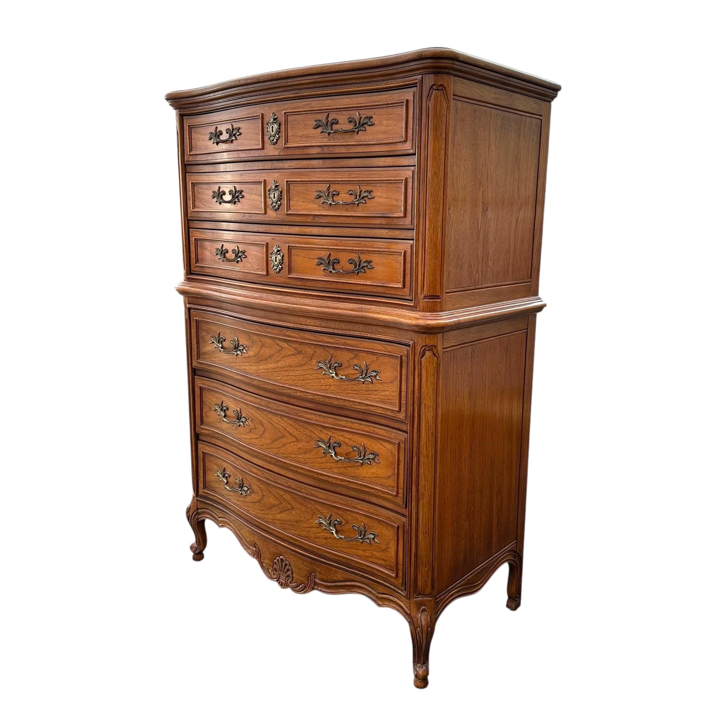 SOLD Vintage Thomasville French Provincial Serpentine Dresser - Shabby Chic 6-Drawer Tallboy - Thumbnail 10