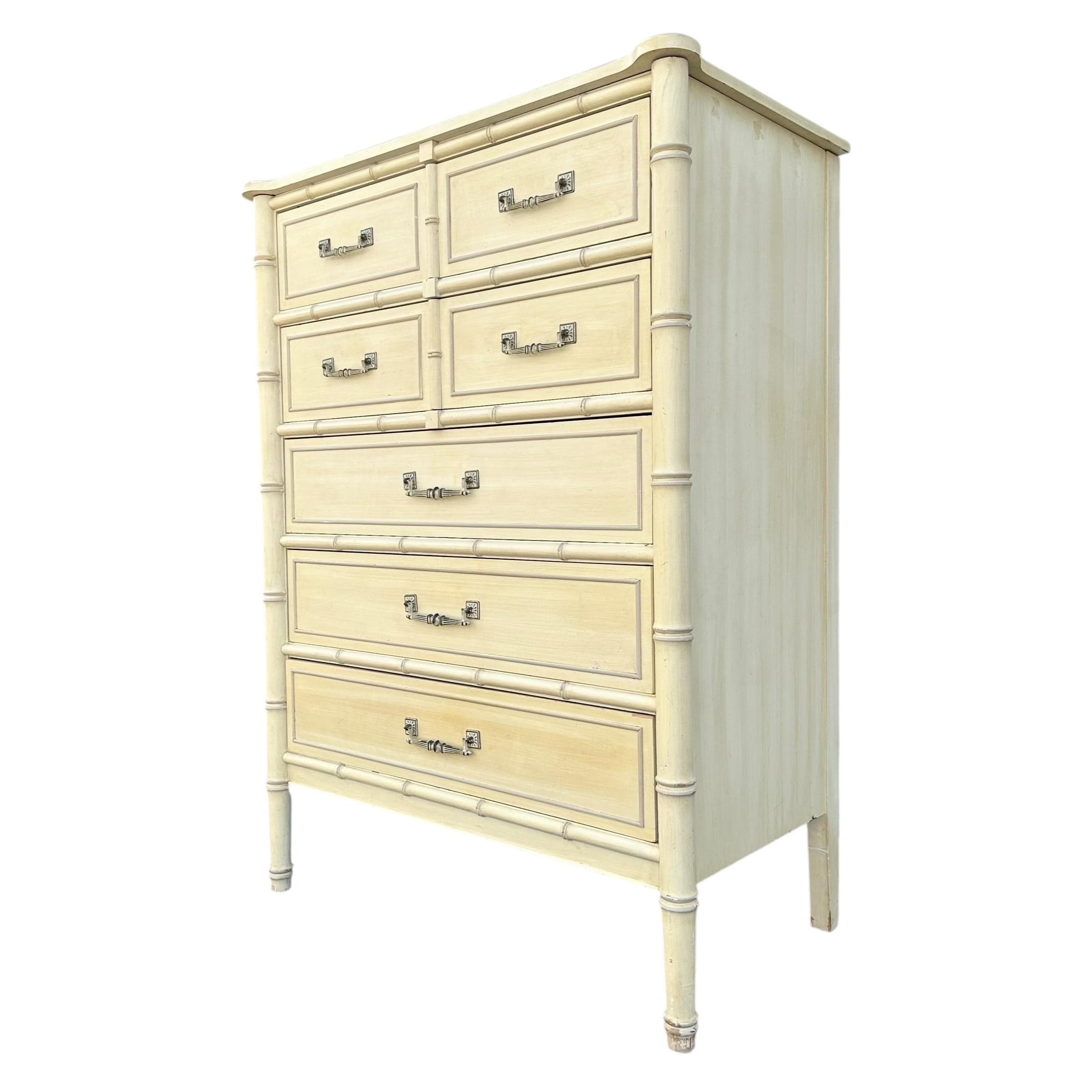 Vintage Henry Link Tallboy Dresser - Creamy White, Faux Bamboo, Hollywood Regency Style - Thumbnail 10
