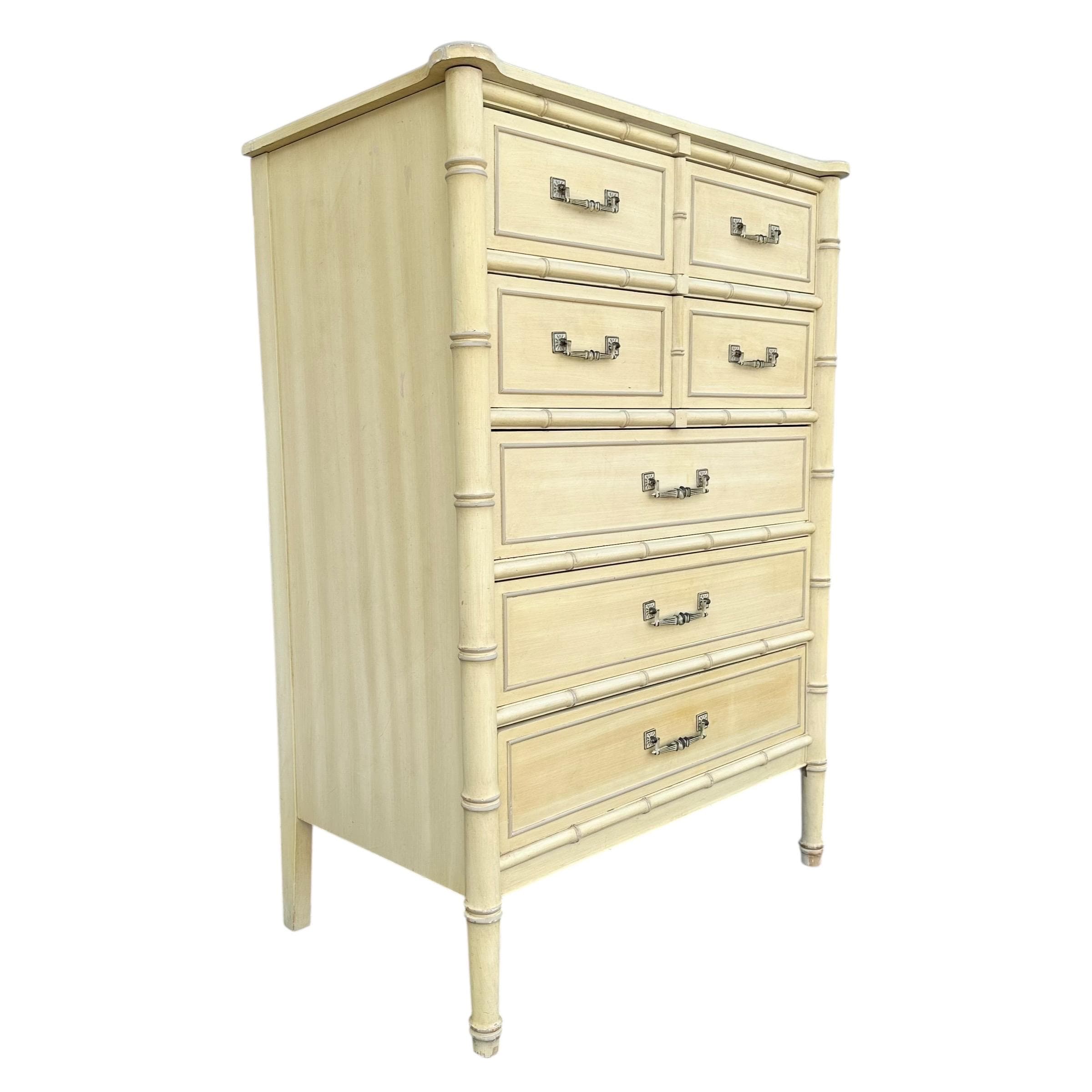 Vintage Henry Link Tallboy Dresser - Creamy White, Faux Bamboo, Hollywood Regency Style - Thumbnail 2