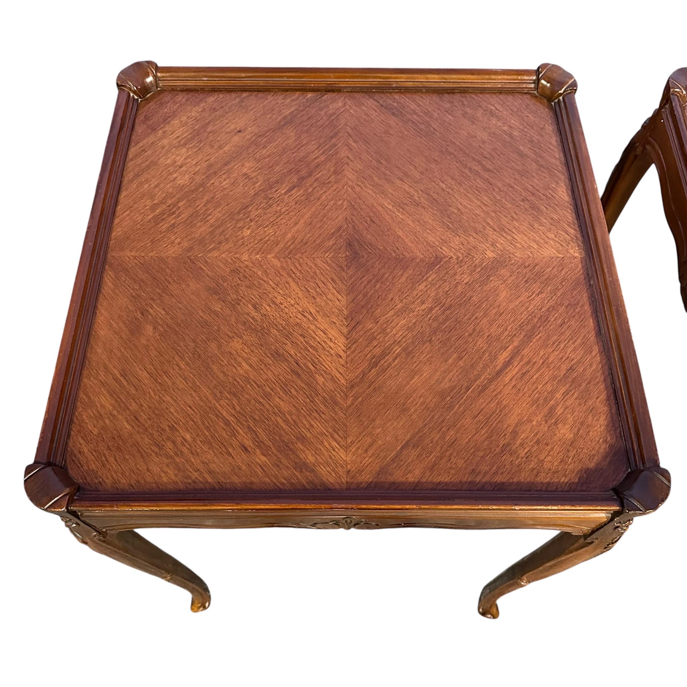 Vintage French Provincial End Tables - Carved Wood Parquet Top Side Tables - a Pair - Thumbnail 3