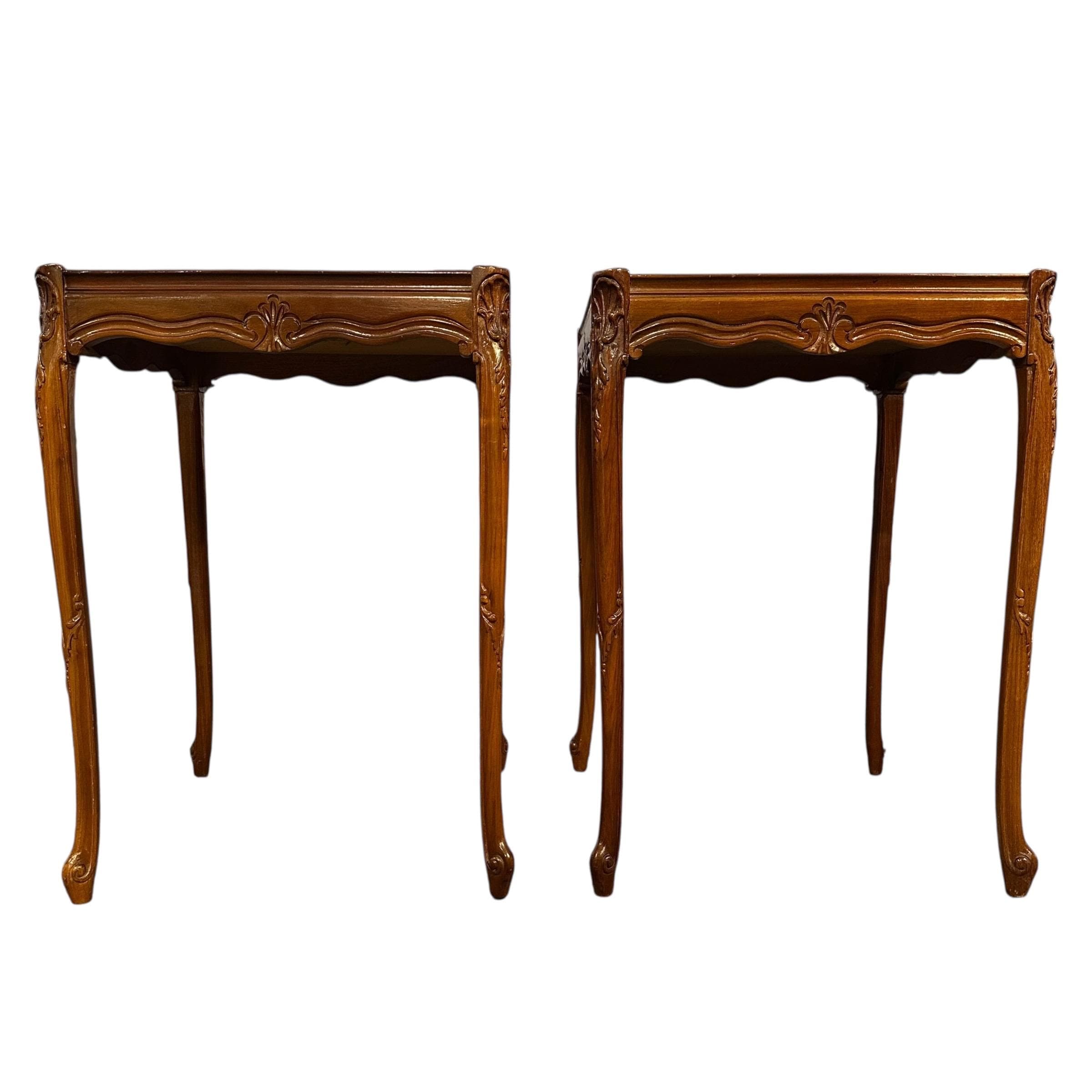 Vintage French Provincial End Tables - Carved Wood Parquet Top Side Tables - a Pair - Thumbnail 2