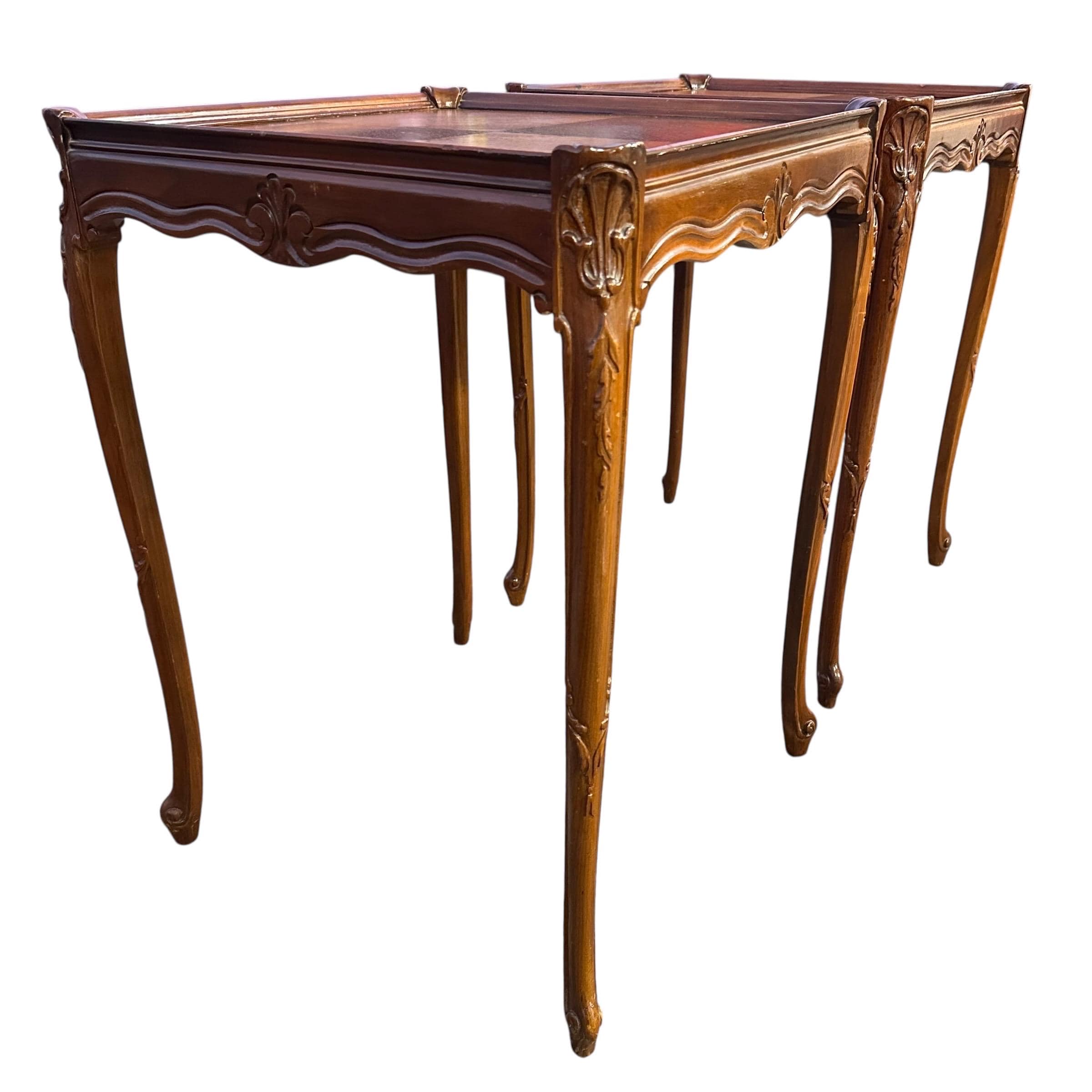 Vintage French Provincial End Tables - Carved Wood Parquet Top Side Tables - a Pair - Thumbnail 5