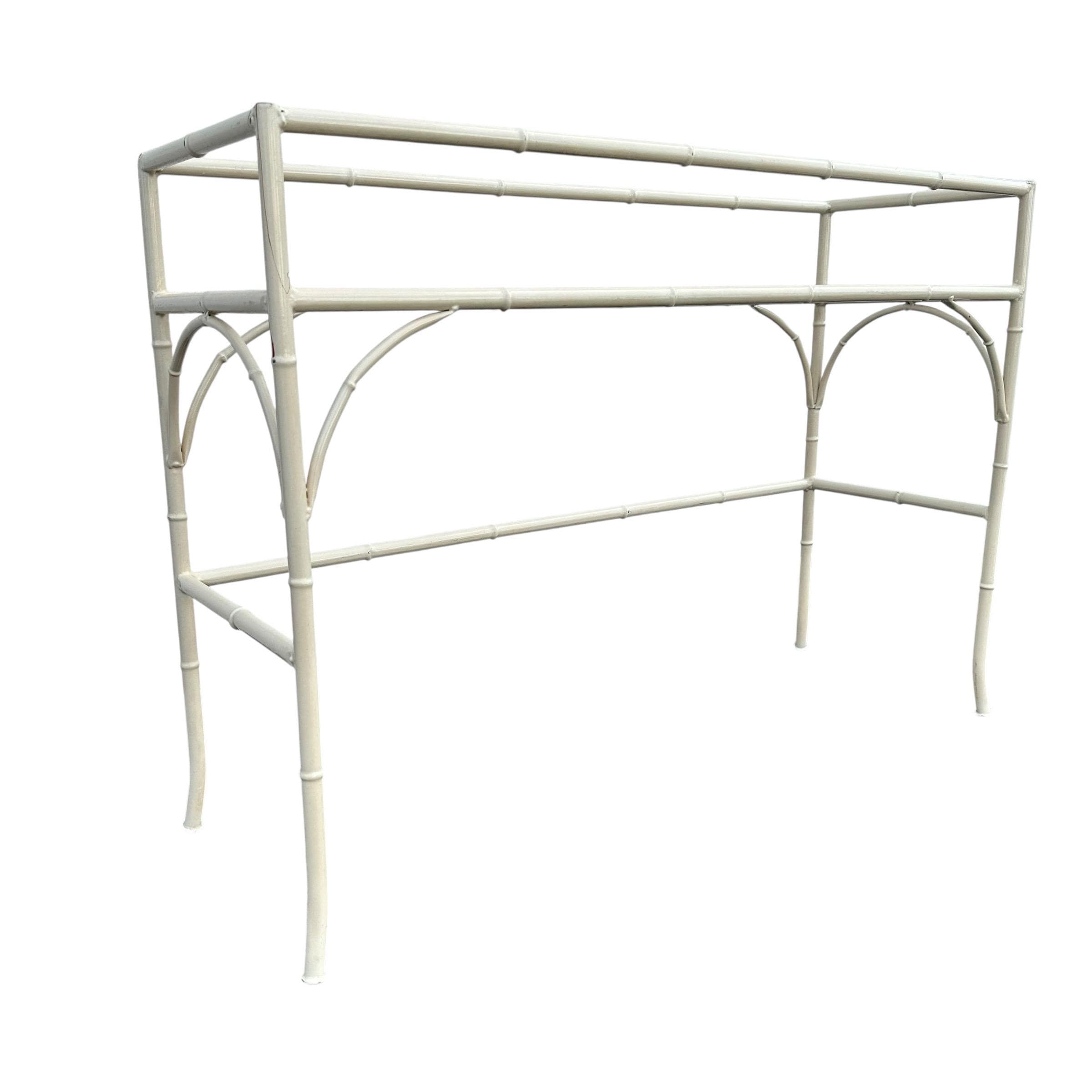 White Faux Bamboo Console Table 42” - Vintage Chinese Chippendale Fretwork Hollywood Regency Mid-Century Wrought Iron Patio Table - Thumbnail 2