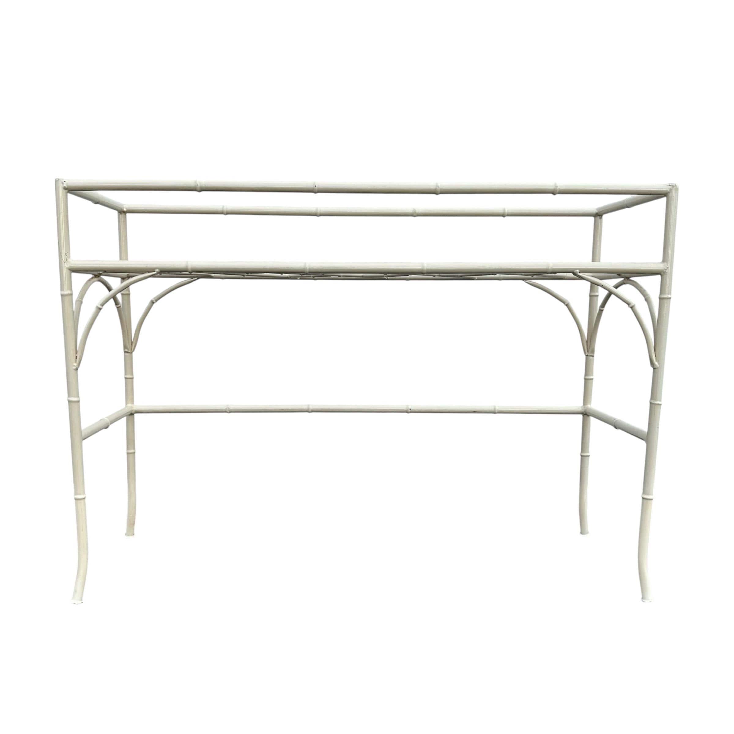 White Faux Bamboo Console Table 42” - Vintage Chinese Chippendale Fretwork Hollywood Regency Mid-Century Wrought Iron Patio Table - Thumbnail 3