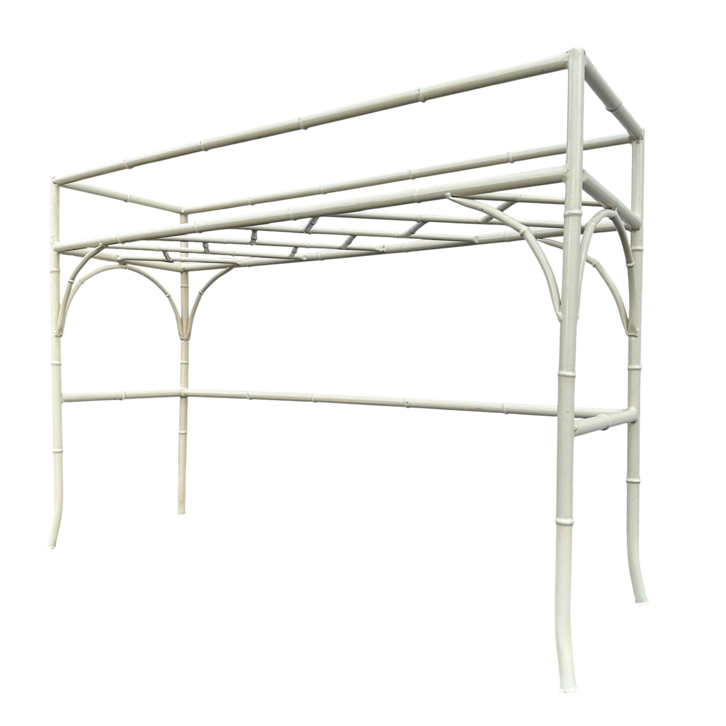 White Faux Bamboo Console Table 42” - Vintage Chinese Chippendale Fretwork Hollywood Regency Mid-Century Wrought Iron Patio Table - Thumbnail 8