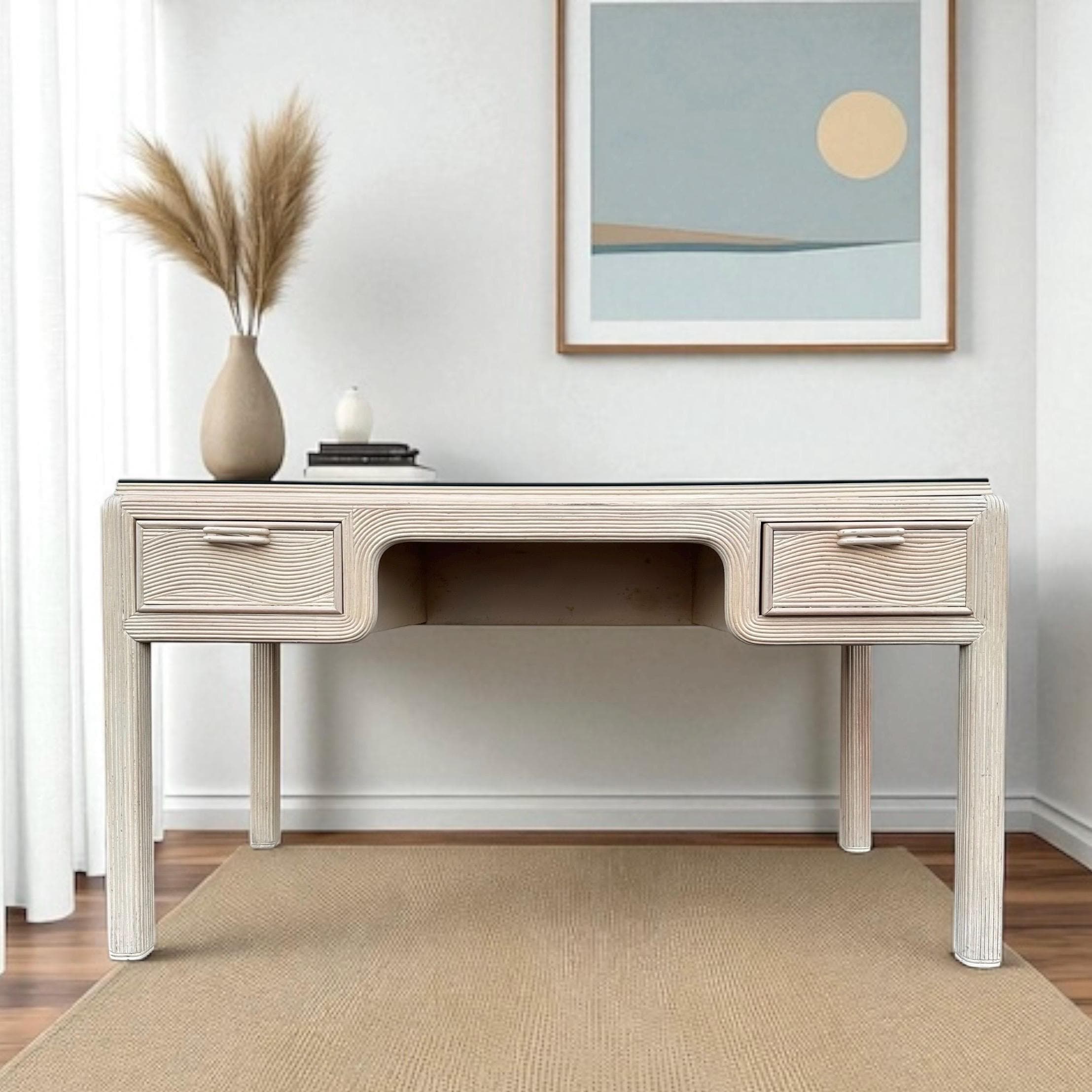 Vintage Whitewash Pencil Reed Desk 54" - American Drew Hollywood Regency - Image 1