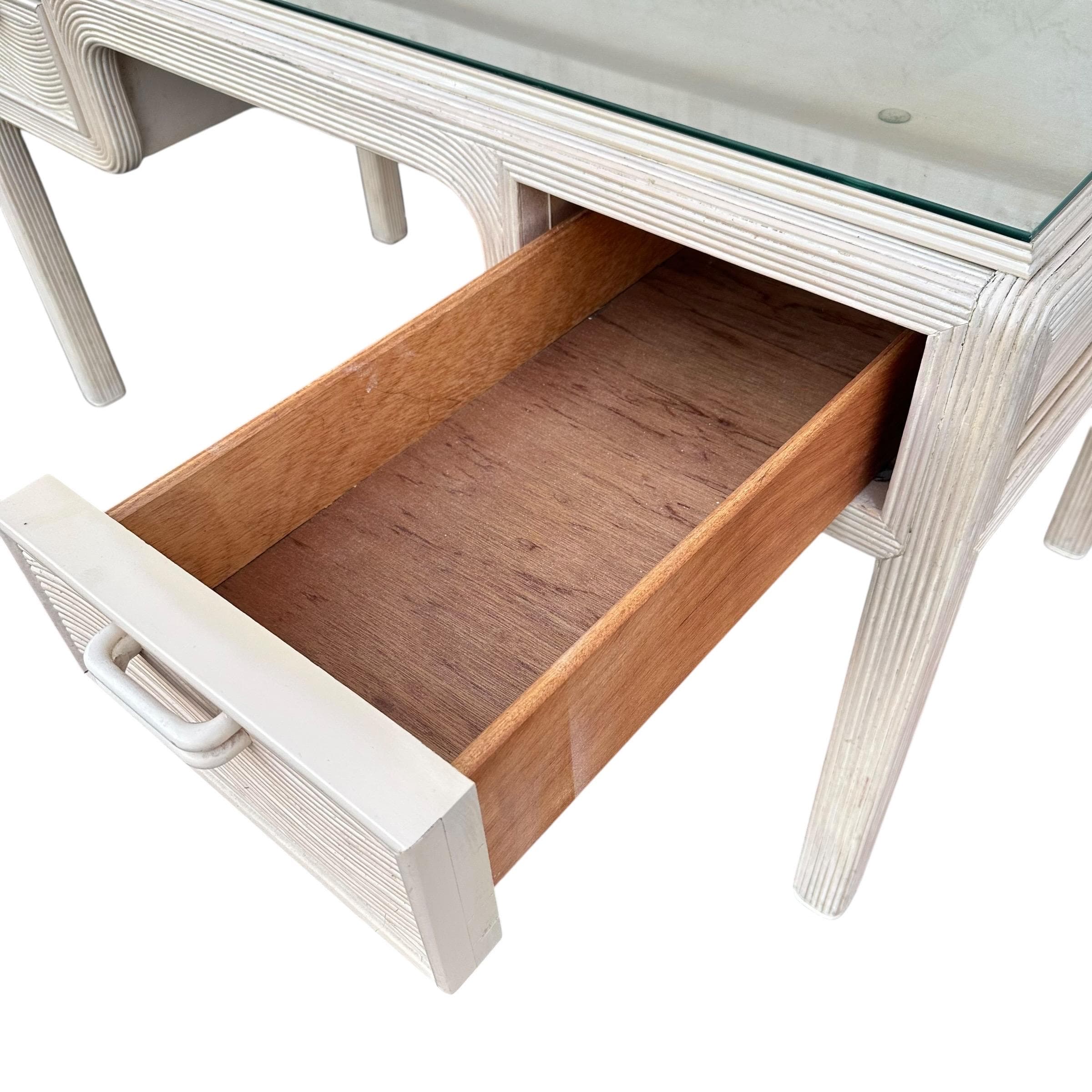 Vintage Whitewash Pencil Reed Desk 54" - American Drew Hollywood Regency - Thumbnail 4