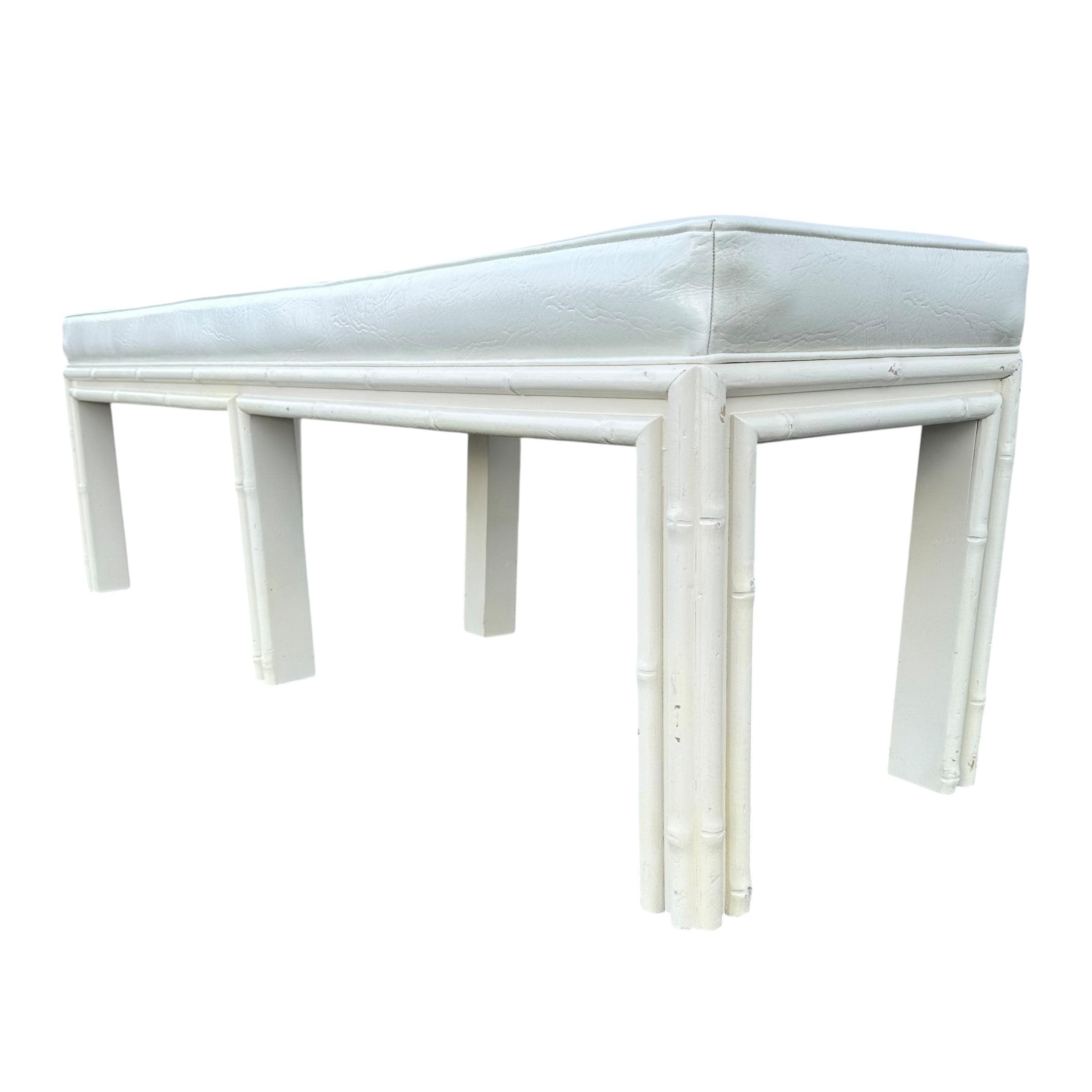 White Hollywood Regency Bench 61” Long - Vintage Faux Bamboo Wood & Leather Like Upholstered Seat - Coastal Mid Century Style Furniture - Thumbnail 6