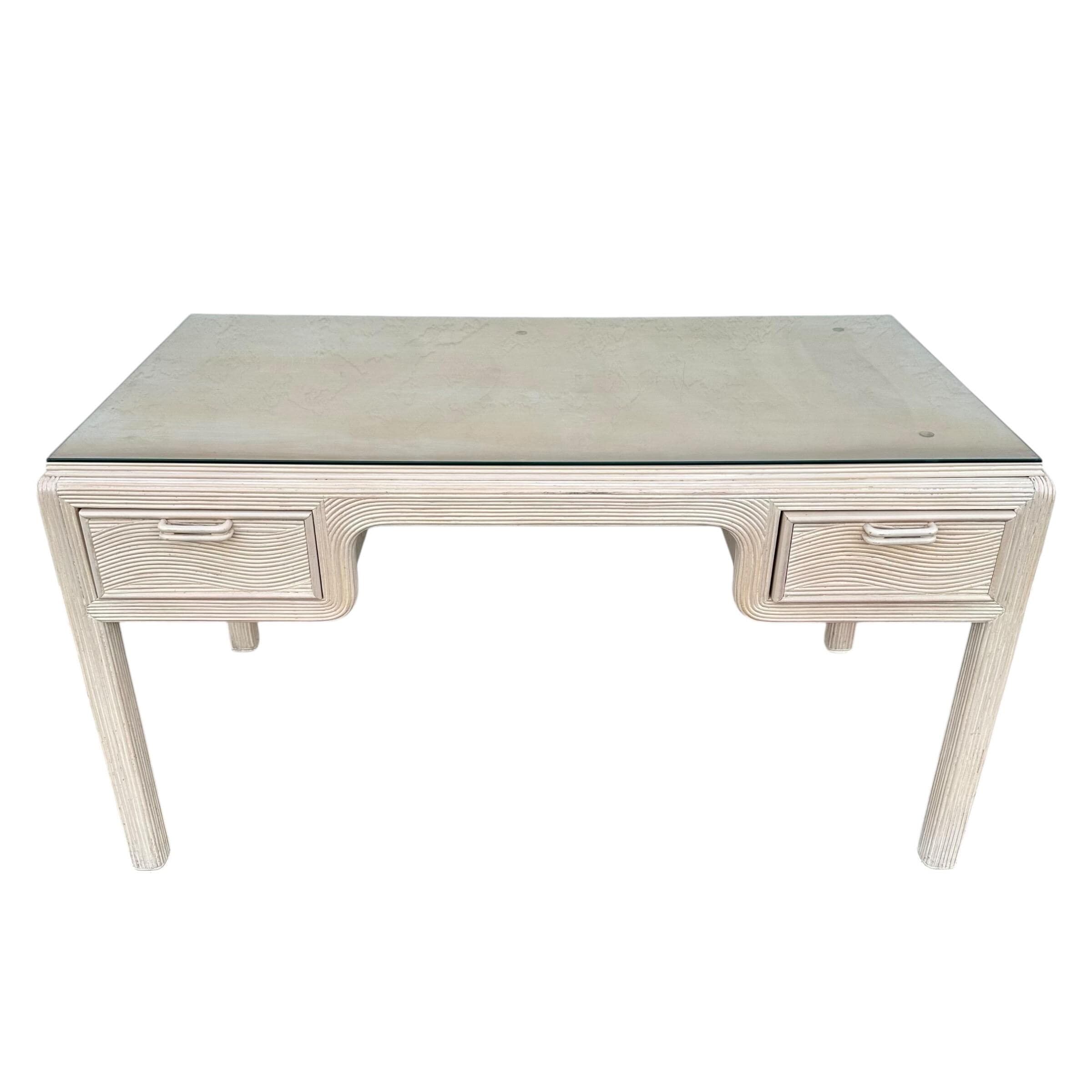 Vintage Whitewash Pencil Reed Desk 54" - American Drew Hollywood Regency - Thumbnail 2