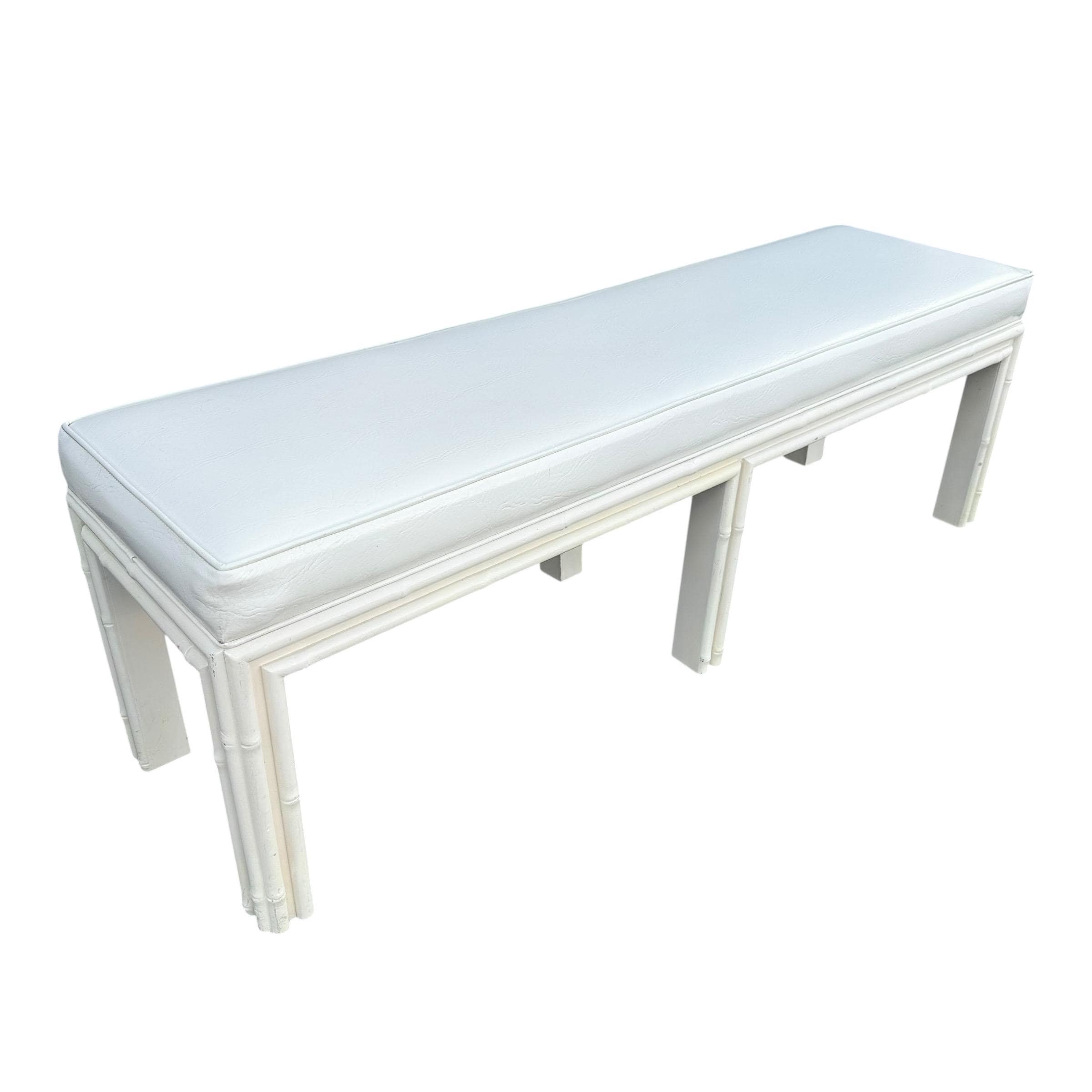 White Hollywood Regency Bench 61” Long - Vintage Faux Bamboo Wood & Leather Like Upholstered Seat - Coastal Mid Century Style Furniture - Thumbnail 3