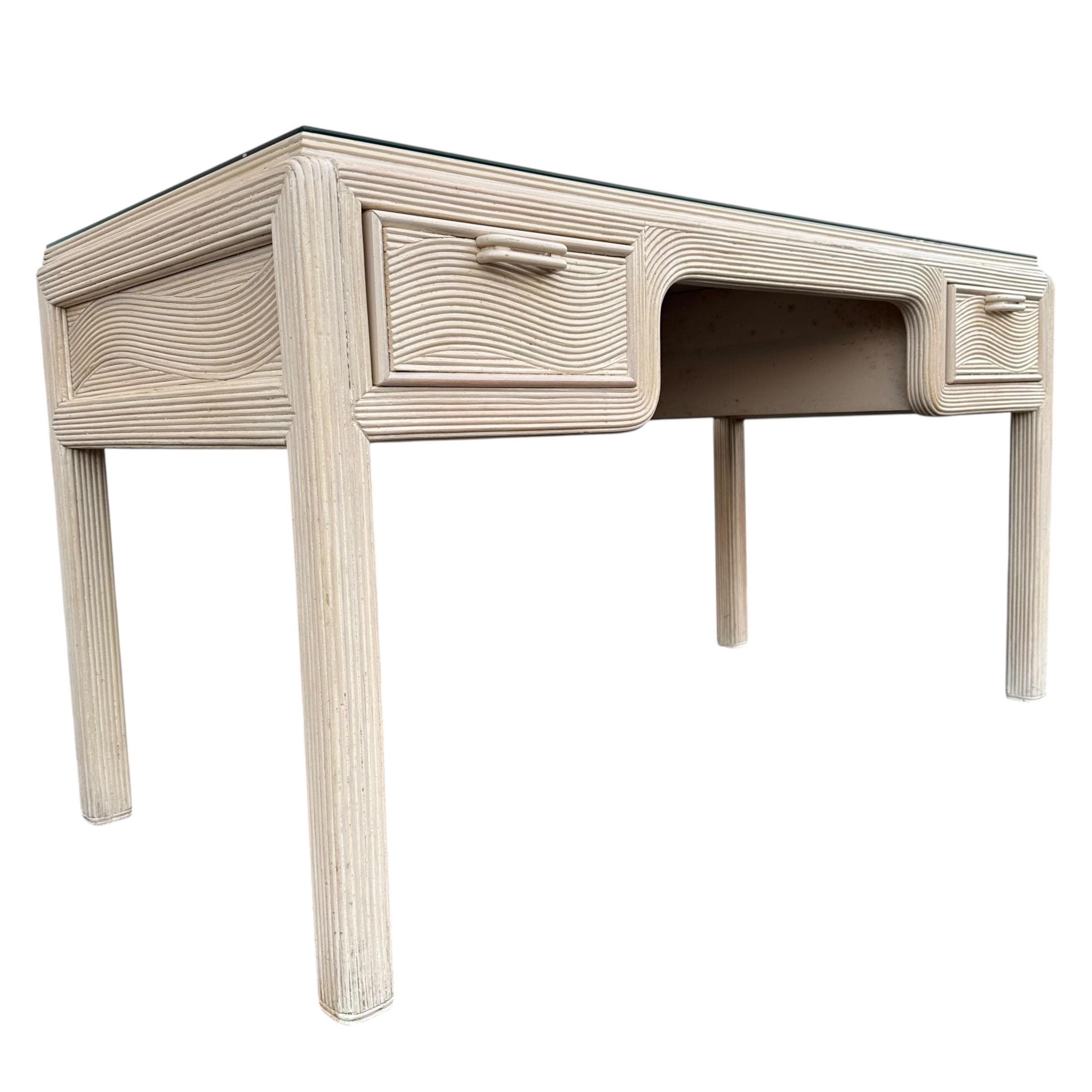 Vintage Whitewash Pencil Reed Desk 54" - American Drew Hollywood Regency - Thumbnail 8