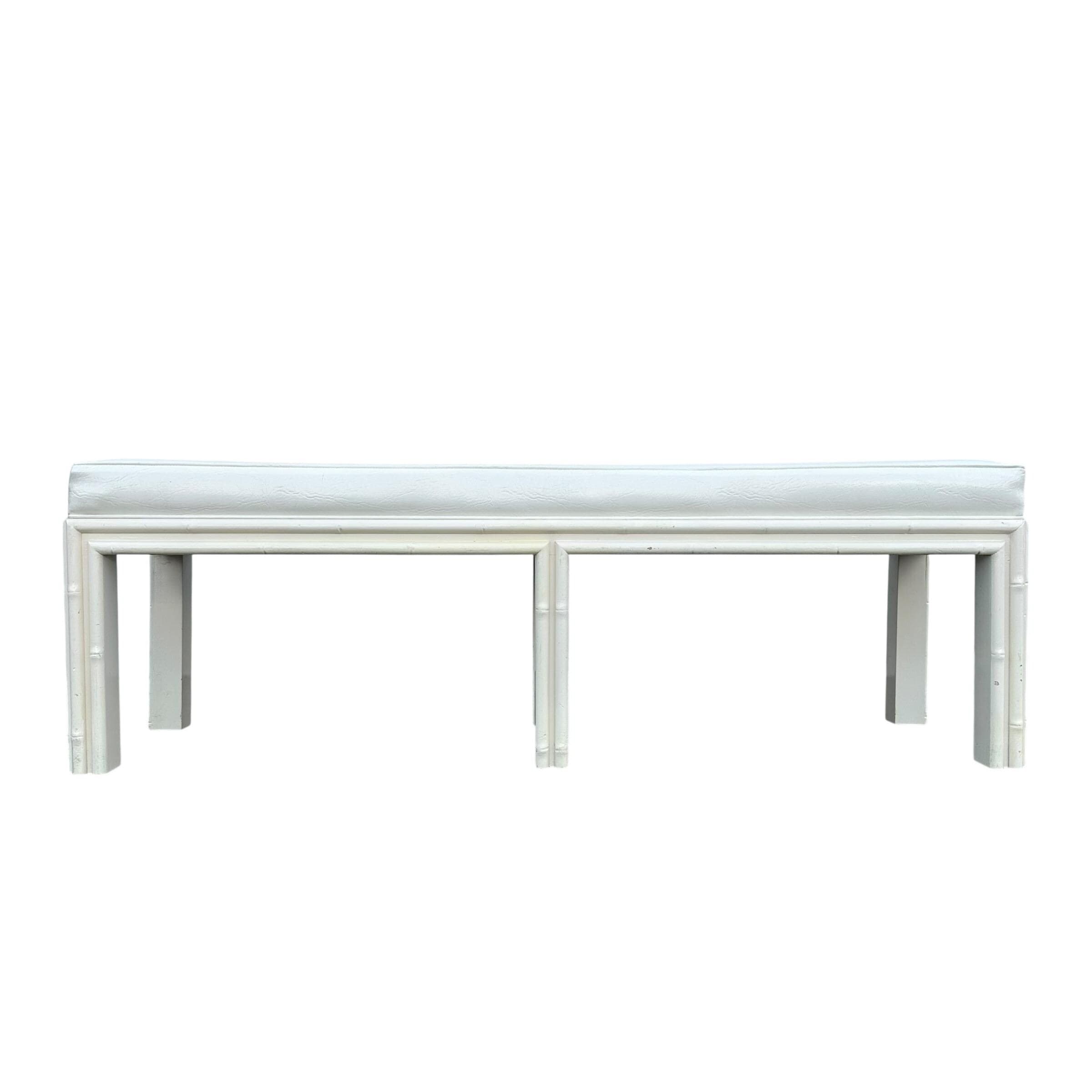White Hollywood Regency Bench 61” Long - Vintage Faux Bamboo Wood & Leather Like Upholstered Seat - Coastal Mid Century Style Furniture - Thumbnail 2
