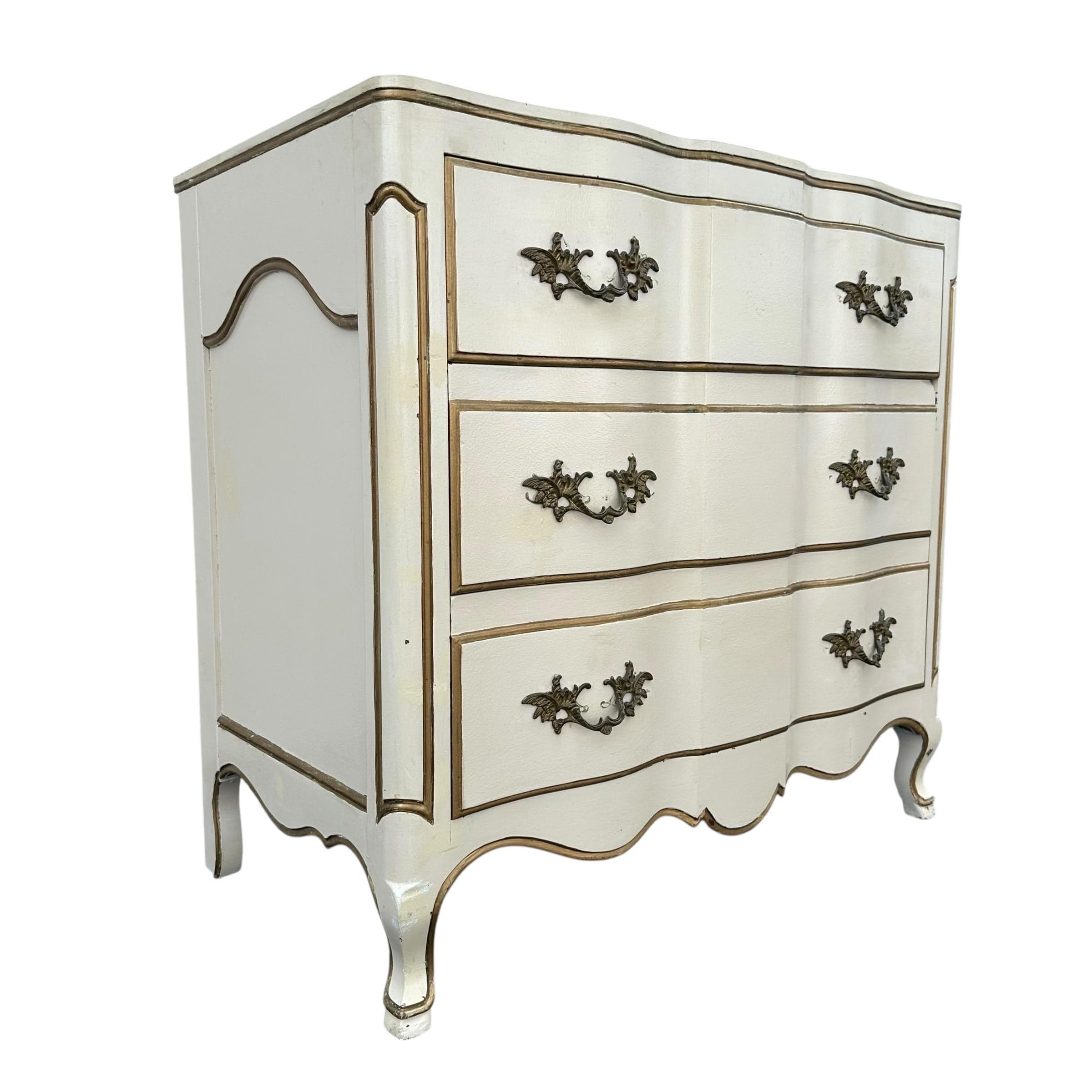 Vintage White French Provincial Nightstand by John Widdicomb - 3 Drawer Dresser Chest, Antique Gold Trim, Romantic Cottage Shabby Chic Style - Thumbnail 2