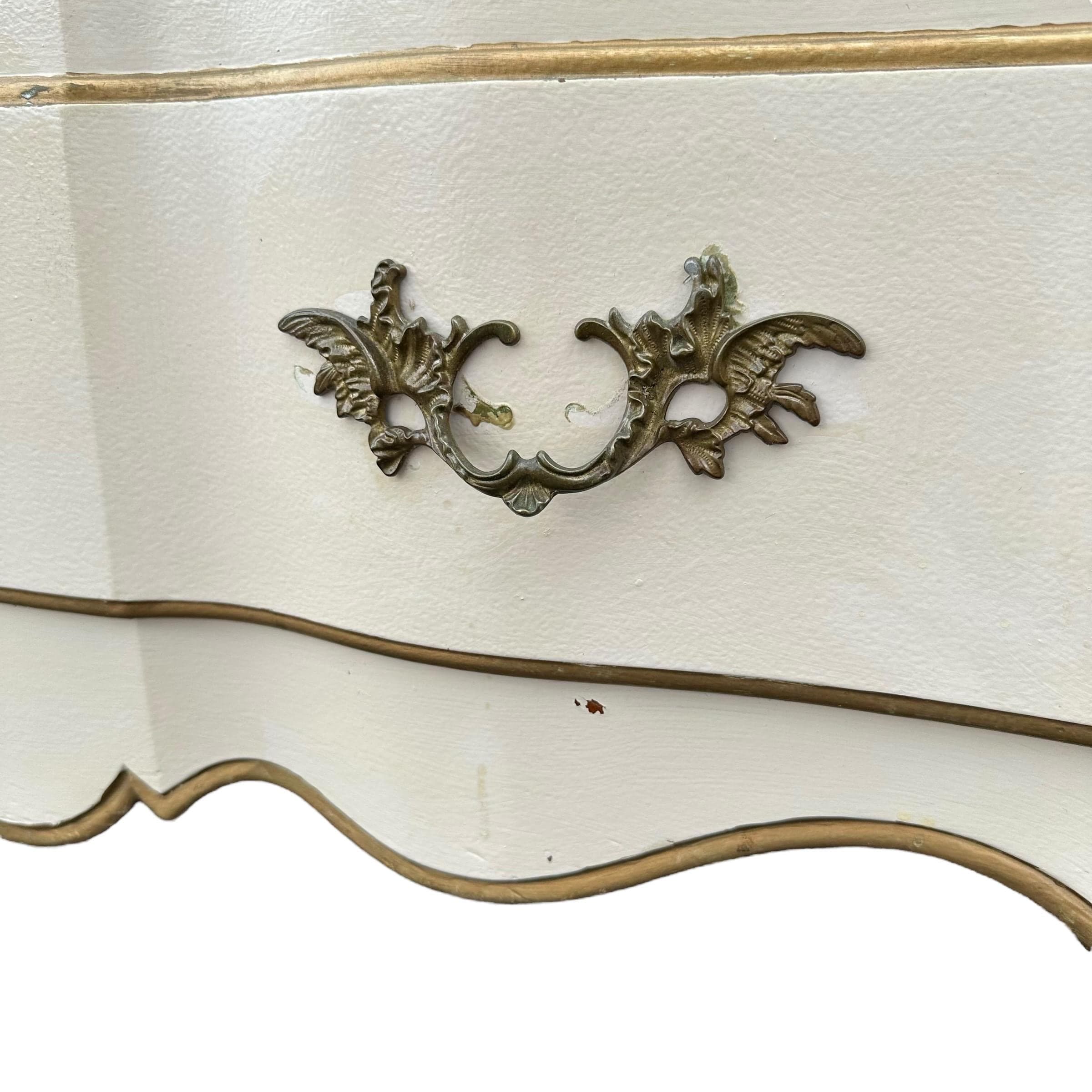 Vintage White French Provincial Nightstand by John Widdicomb - 3 Drawer Dresser Chest, Antique Gold Trim, Romantic Cottage Shabby Chic Style - Thumbnail 8