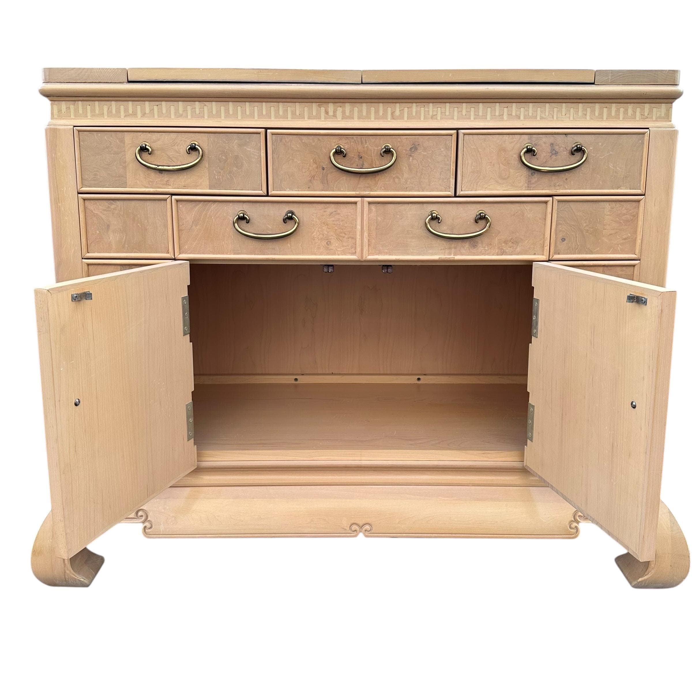 Chinoiserie Server by American of Martinsville 44" - Vintage Blonde Burl Wood, Gold Brass & Expanding Table Ming Asian Sideboard Cabinet - Thumbnail 3