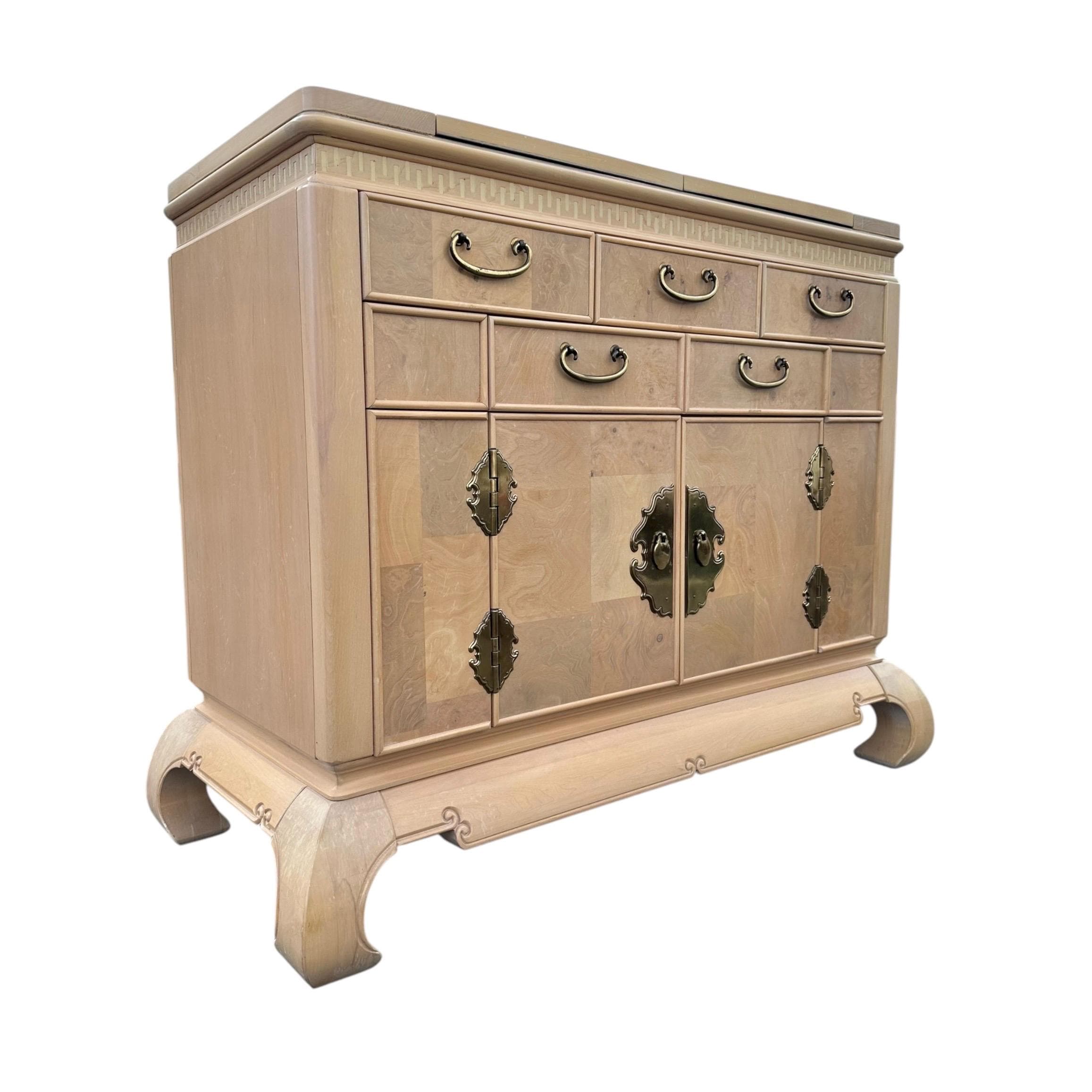 Chinoiserie Server by American of Martinsville 44" - Vintage Blonde Burl Wood, Gold Brass & Expanding Table Ming Asian Sideboard Cabinet - Thumbnail 2