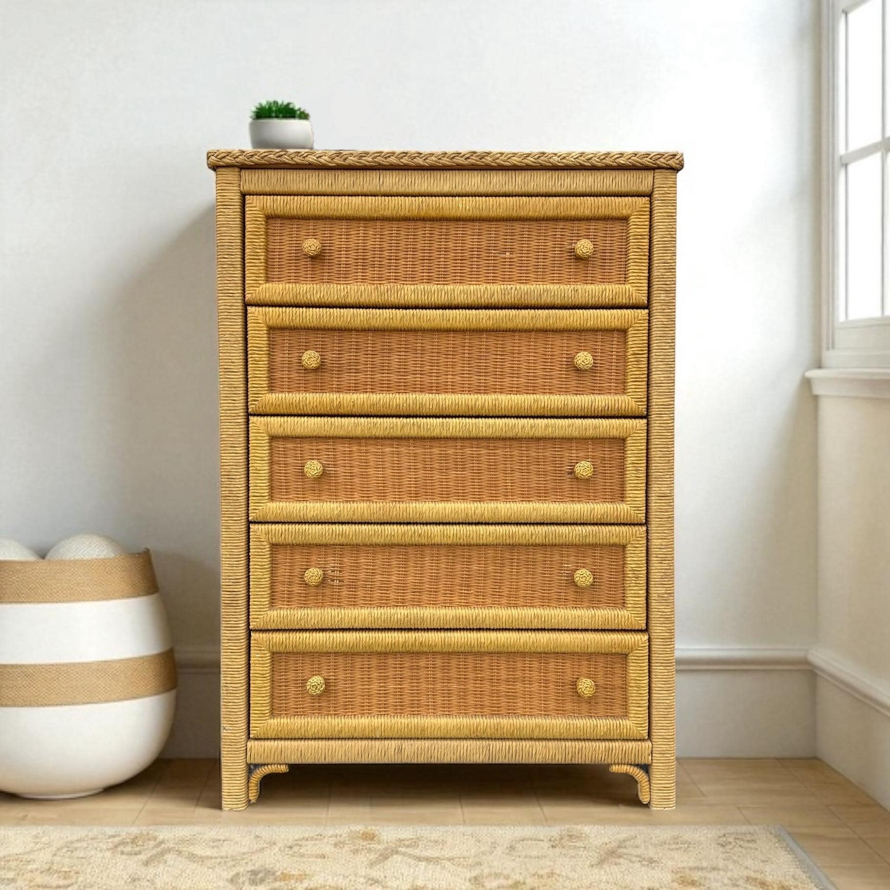 Wicker Dresser Chest by Henry Link - Vintage Natural Wrapped Rattan 5 Drawer Boho Chic Coastal Bamboo Style - Image 1
