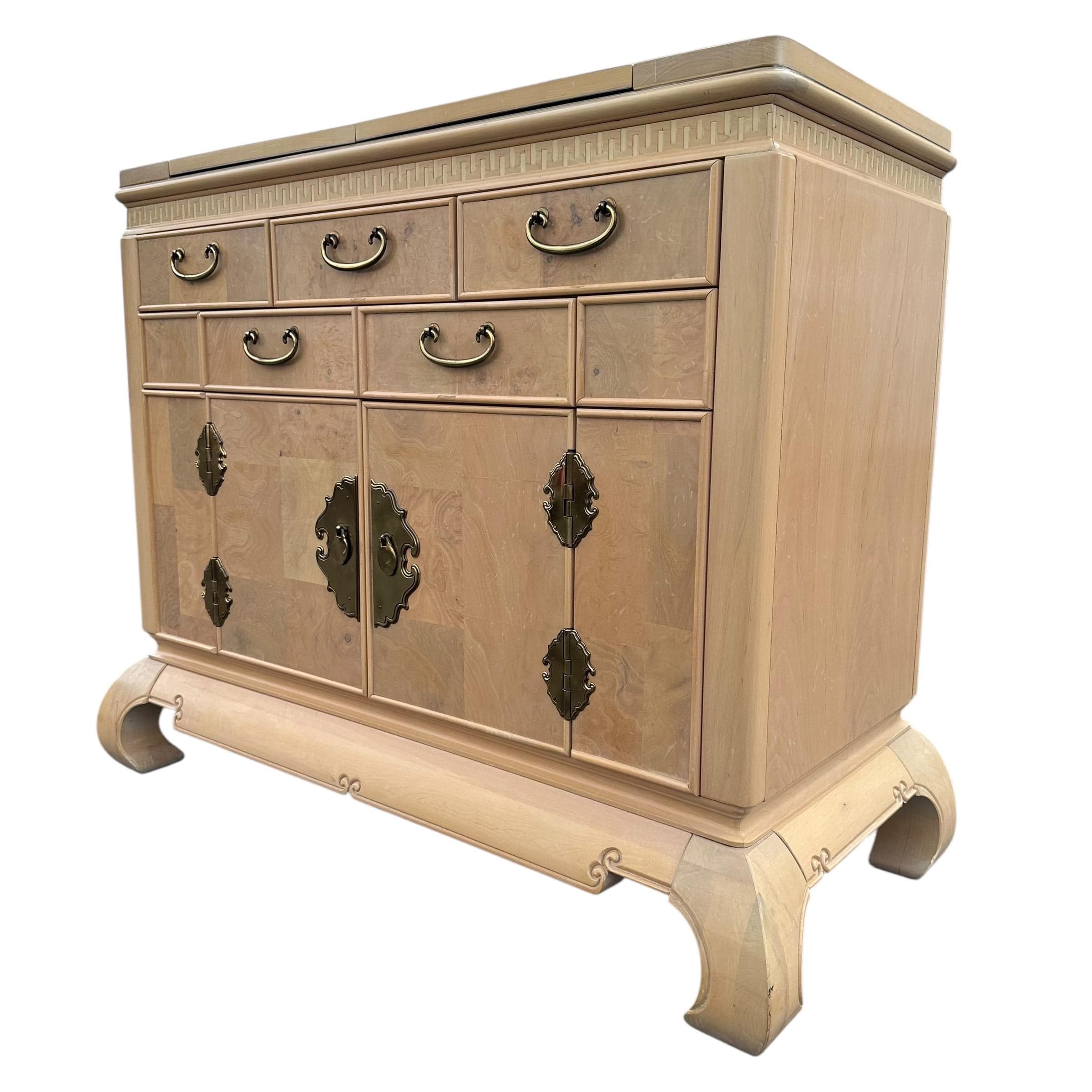 Chinoiserie Server by American of Martinsville 44" - Vintage Blonde Burl Wood, Gold Brass & Expanding Table Ming Asian Sideboard Cabinet - Thumbnail 10