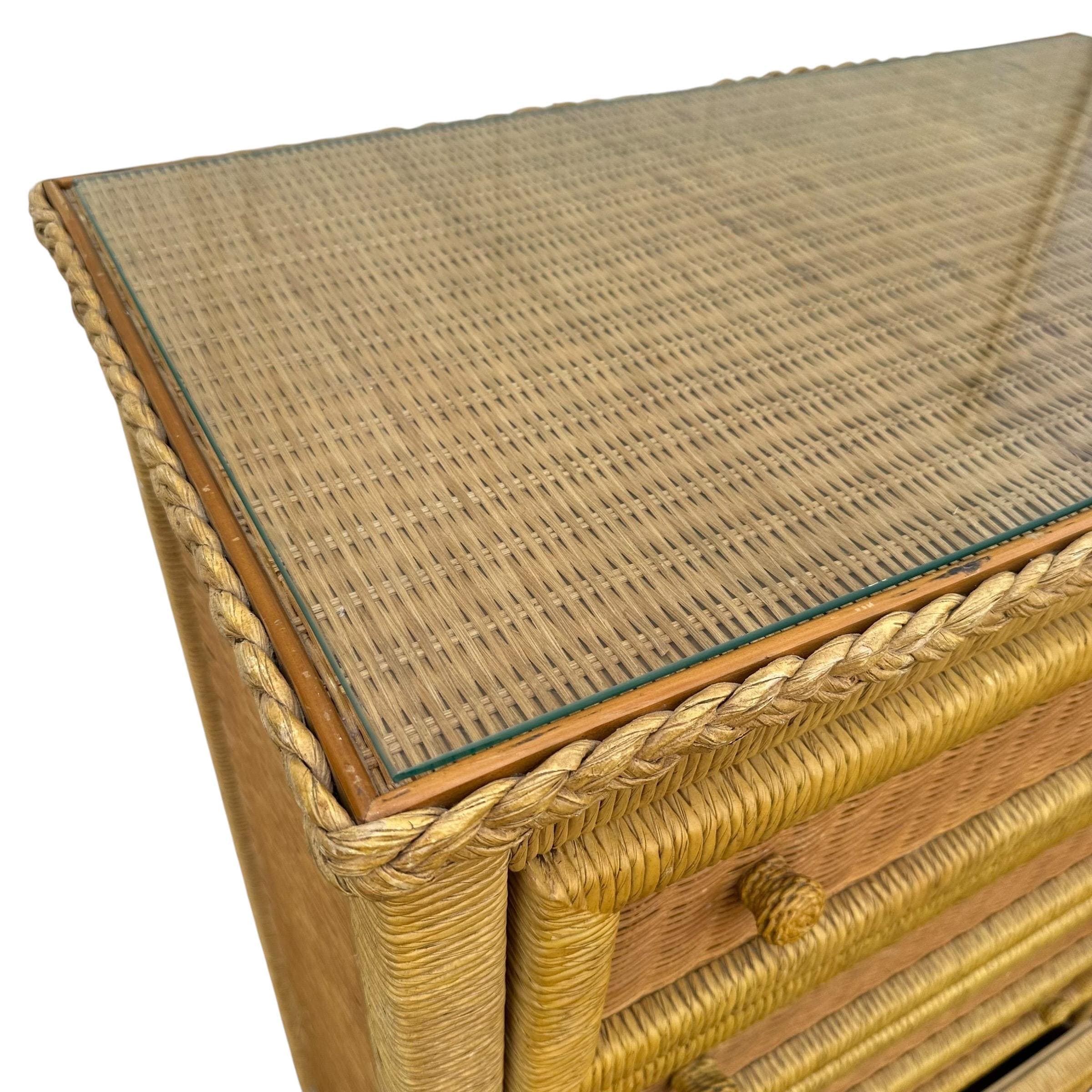 Wicker Dresser Chest by Henry Link - Vintage Natural Wrapped Rattan 5 Drawer Boho Chic Coastal Bamboo Style - Thumbnail 5