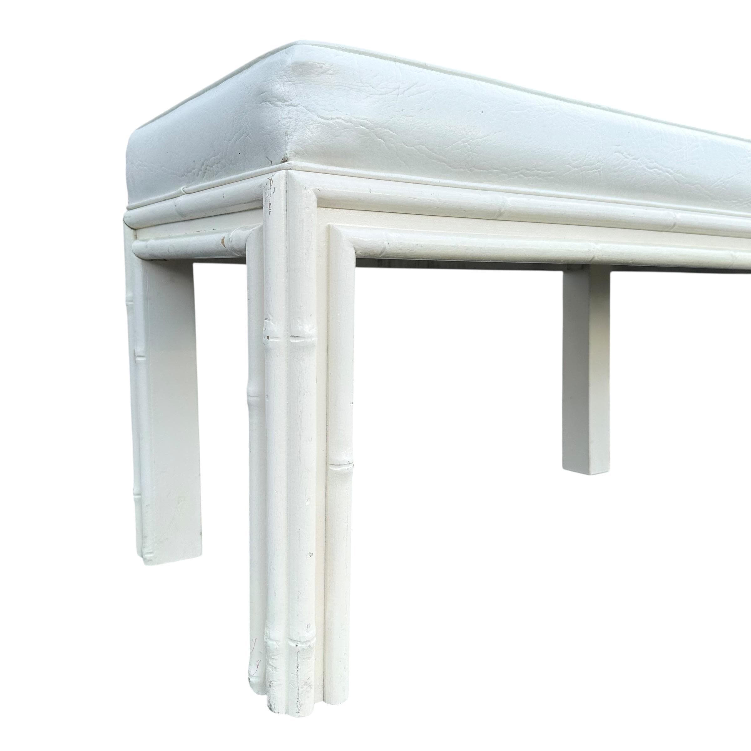 White Hollywood Regency Bench 61” Long - Vintage Faux Bamboo Wood & Leather Like Upholstered Seat - Coastal Mid Century Style Furniture - Thumbnail 5