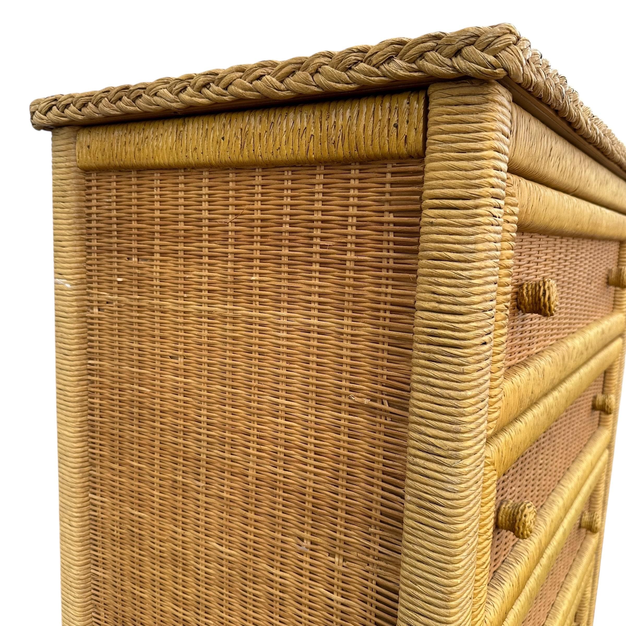 Wicker Dresser Chest by Henry Link - Vintage Natural Wrapped Rattan 5 Drawer Boho Chic Coastal Bamboo Style - Thumbnail 8