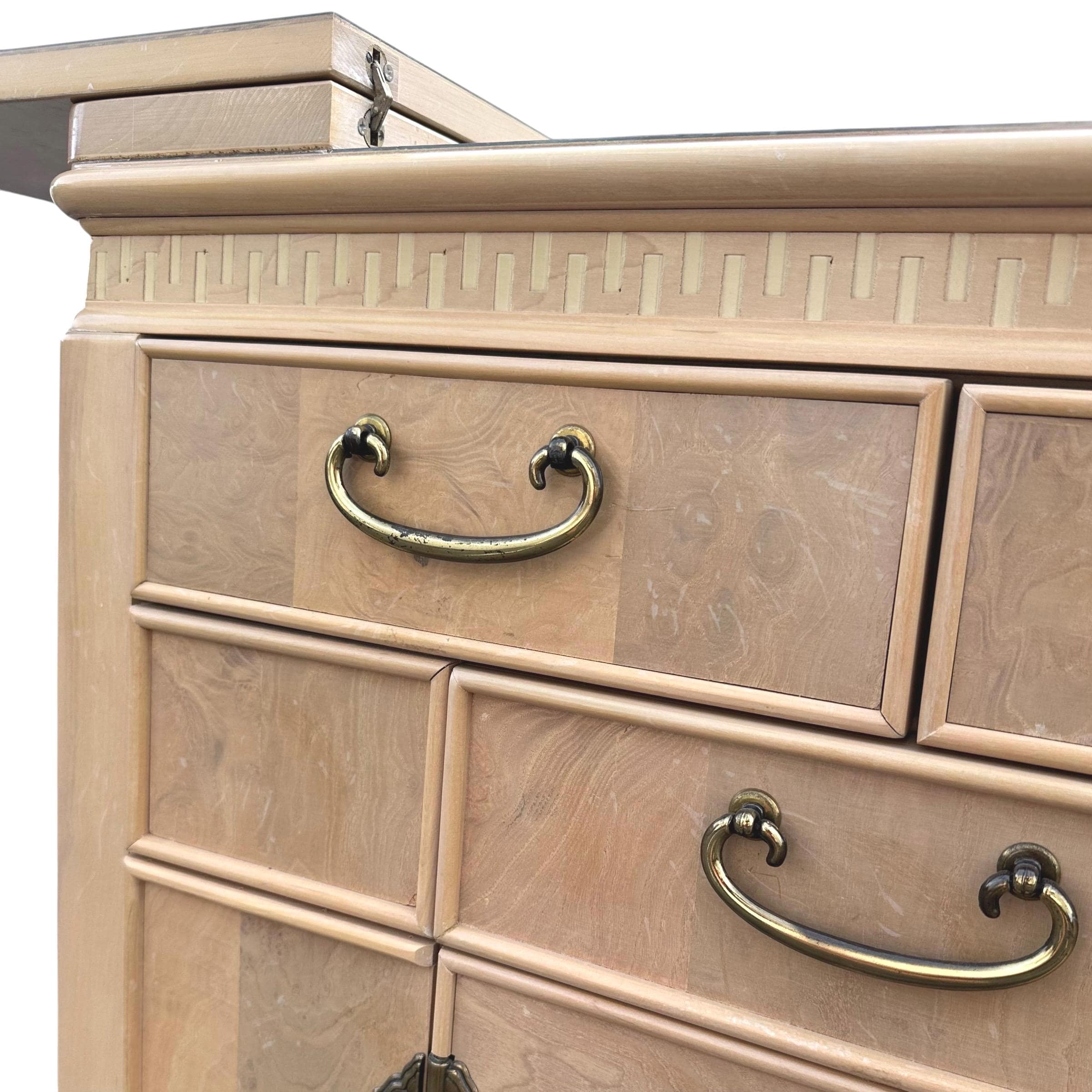 Chinoiserie Server by American of Martinsville 44" - Vintage Blonde Burl Wood, Gold Brass & Expanding Table Ming Asian Sideboard Cabinet - Thumbnail 8