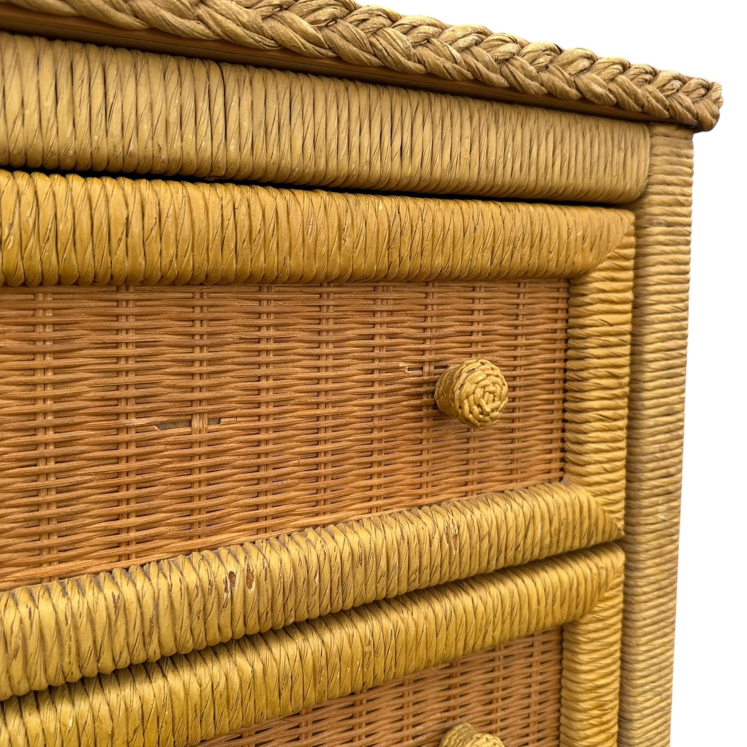 Wicker Dresser Chest by Henry Link - Vintage Natural Wrapped Rattan 5 Drawer Boho Chic Coastal Bamboo Style - Thumbnail 4