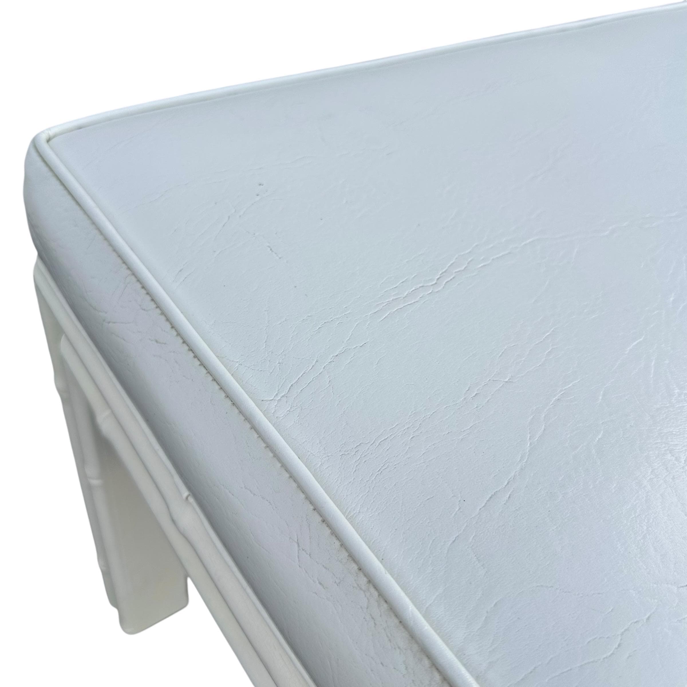 White Hollywood Regency Bench 61” Long - Vintage Faux Bamboo Wood & Leather Like Upholstered Seat - Coastal Mid Century Style Furniture - Thumbnail 4