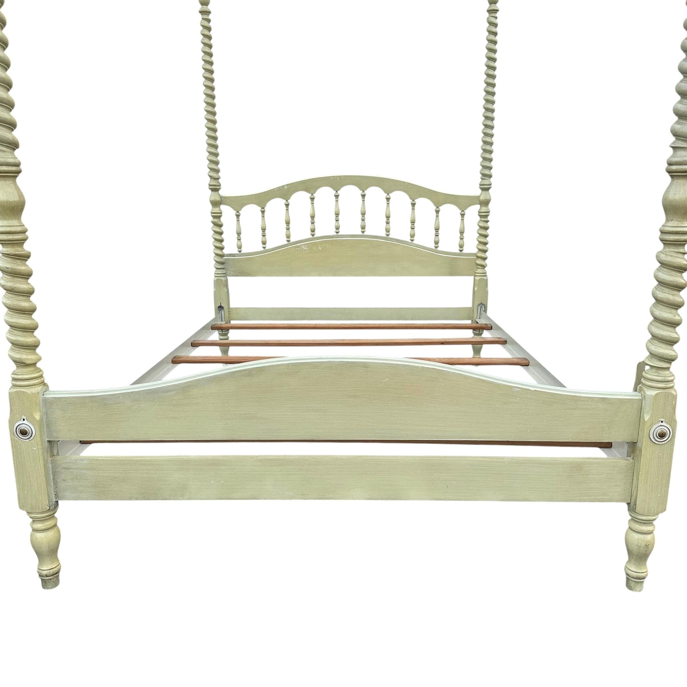 Rare Henry Link Full 4 Poster Bed - Vintage Green, Unique Spiral Carved Posts, Elegant Finials, Scalloped Spindle Back, Solid Wood - Thumbnail 8