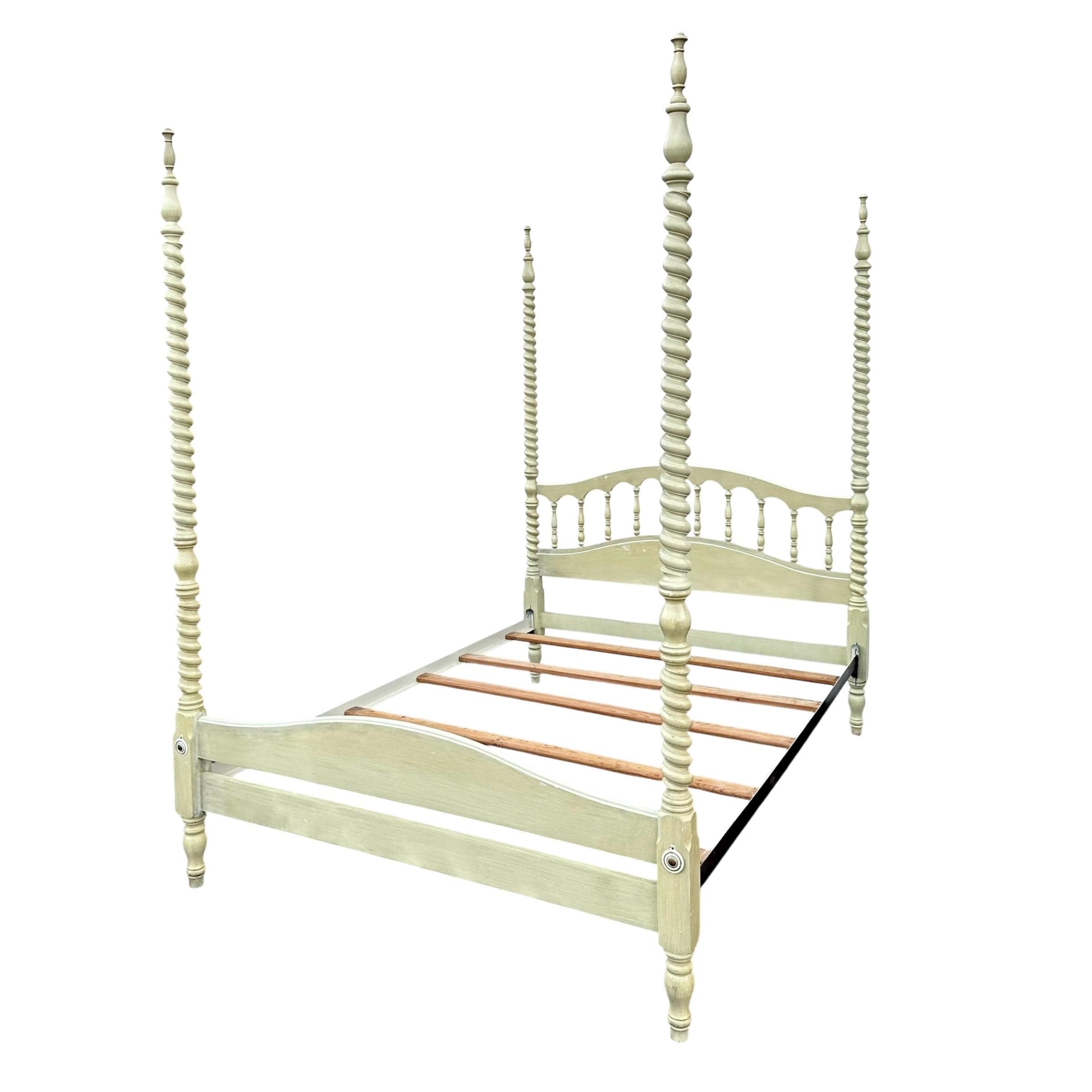 Rare Henry Link Full 4 Poster Bed - Vintage Green, Unique Spiral Carved Posts, Elegant Finials, Scalloped Spindle Back, Solid Wood - Image 1